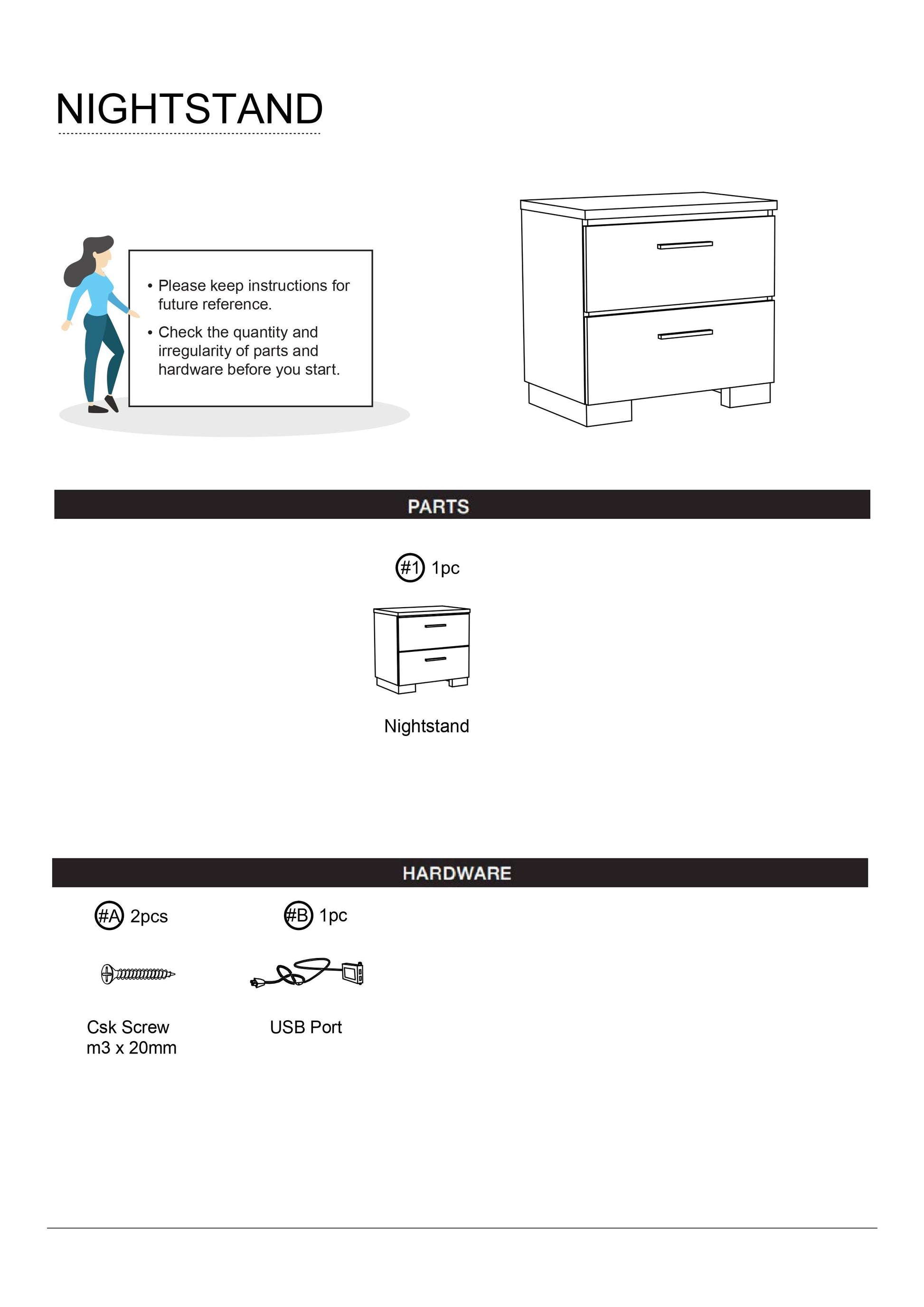 Contemporary 1pc Nightstand White Color High Gloss white-2 drawers-bedroom-bedside