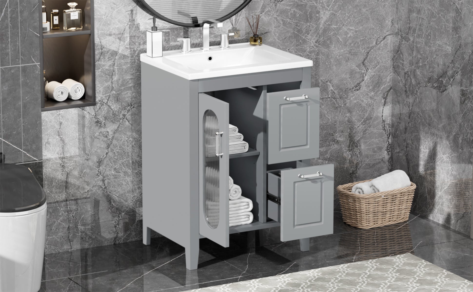 24" Bathroom Vanity with Sink, Bathroom Vanity Cabinet grey-solid wood+mdf