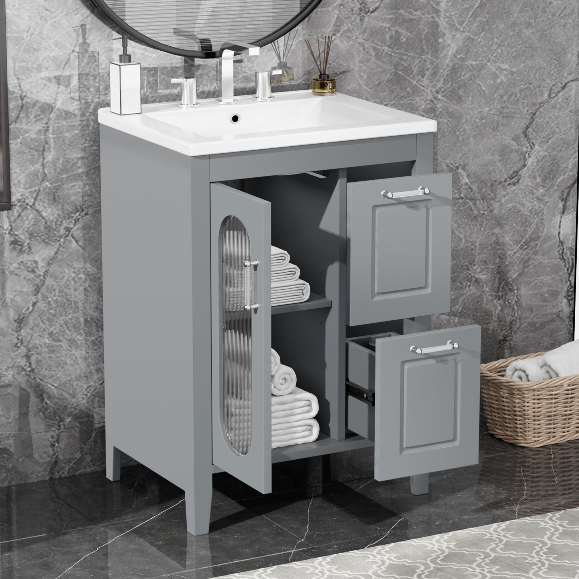 24" Bathroom Vanity with Sink, Bathroom Vanity Cabinet grey-solid wood+mdf