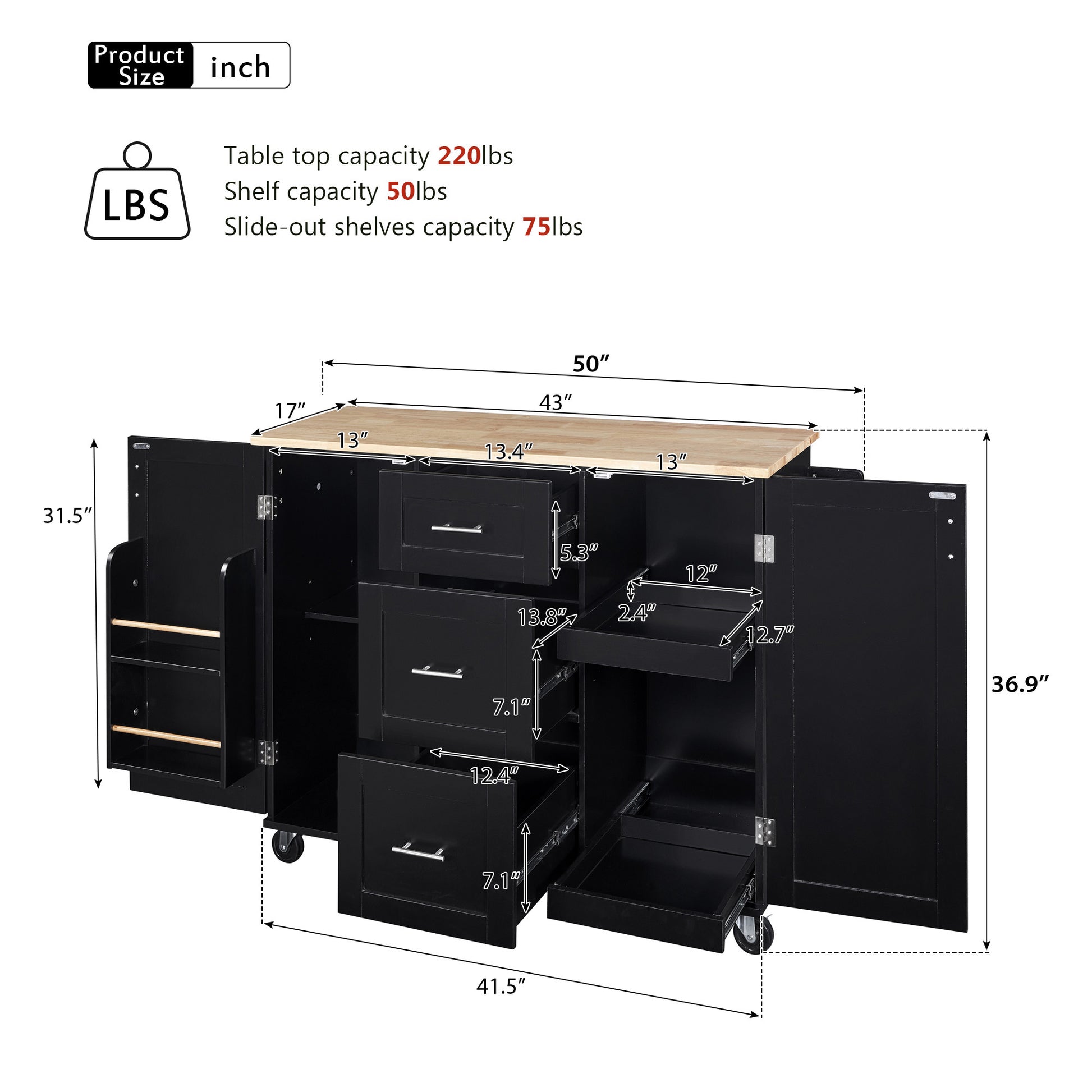 K&K Rolling Kitchen Island with Storage, Kitchen Cart