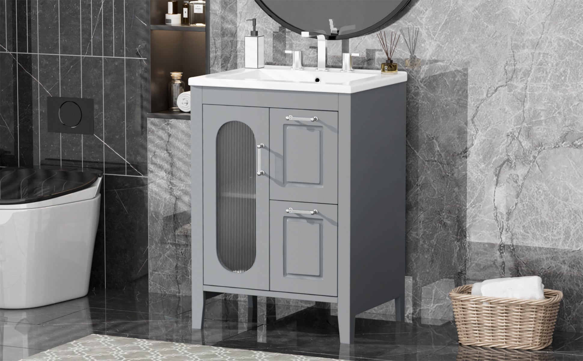 24" Bathroom Vanity with Sink, Bathroom Vanity Cabinet grey-solid wood+mdf