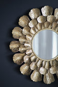 Round Gold Metal Mirror with Trumpet Vine Motif,