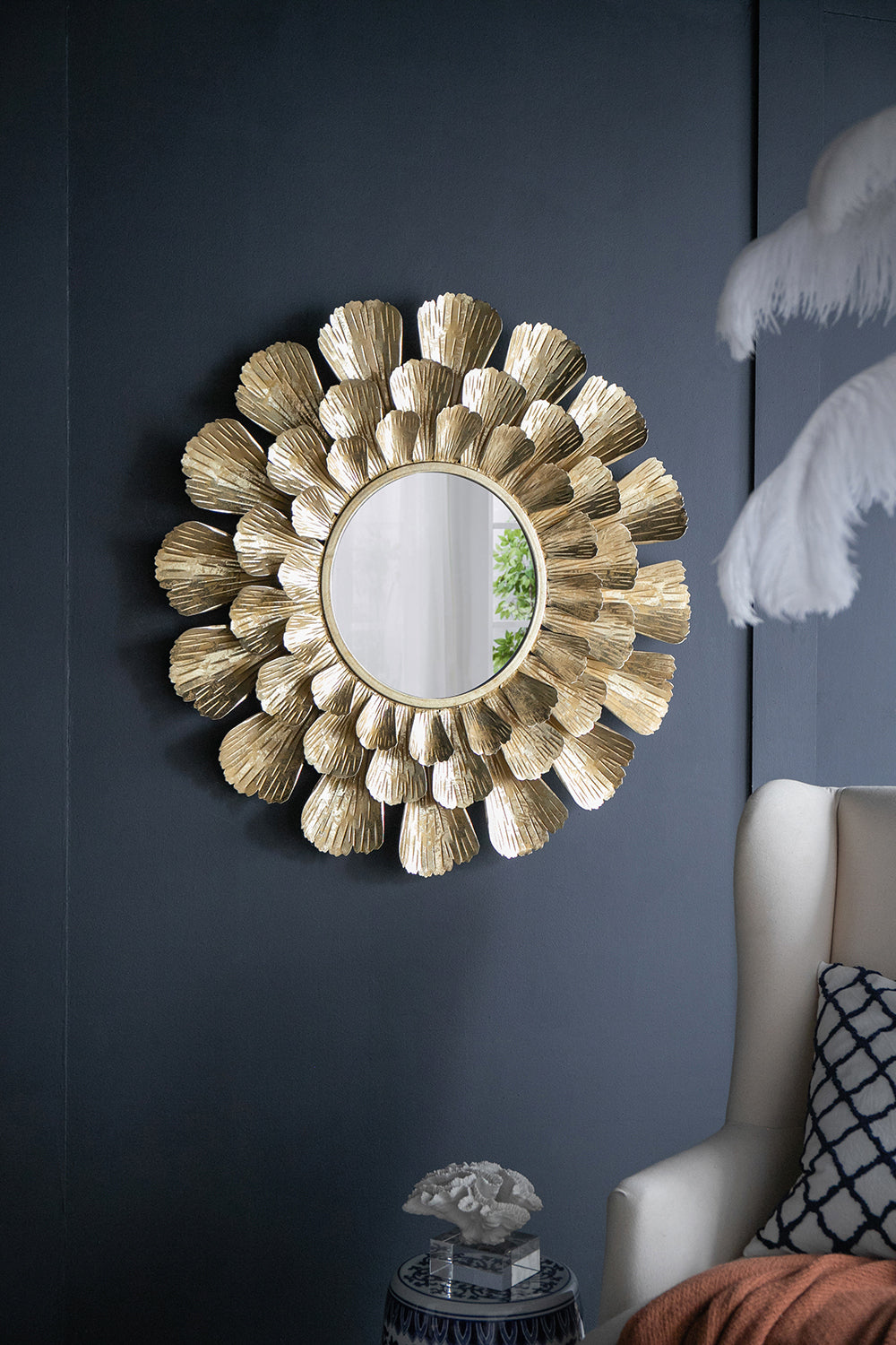 Round Gold Metal Mirror with Trumpet Vine Motif,