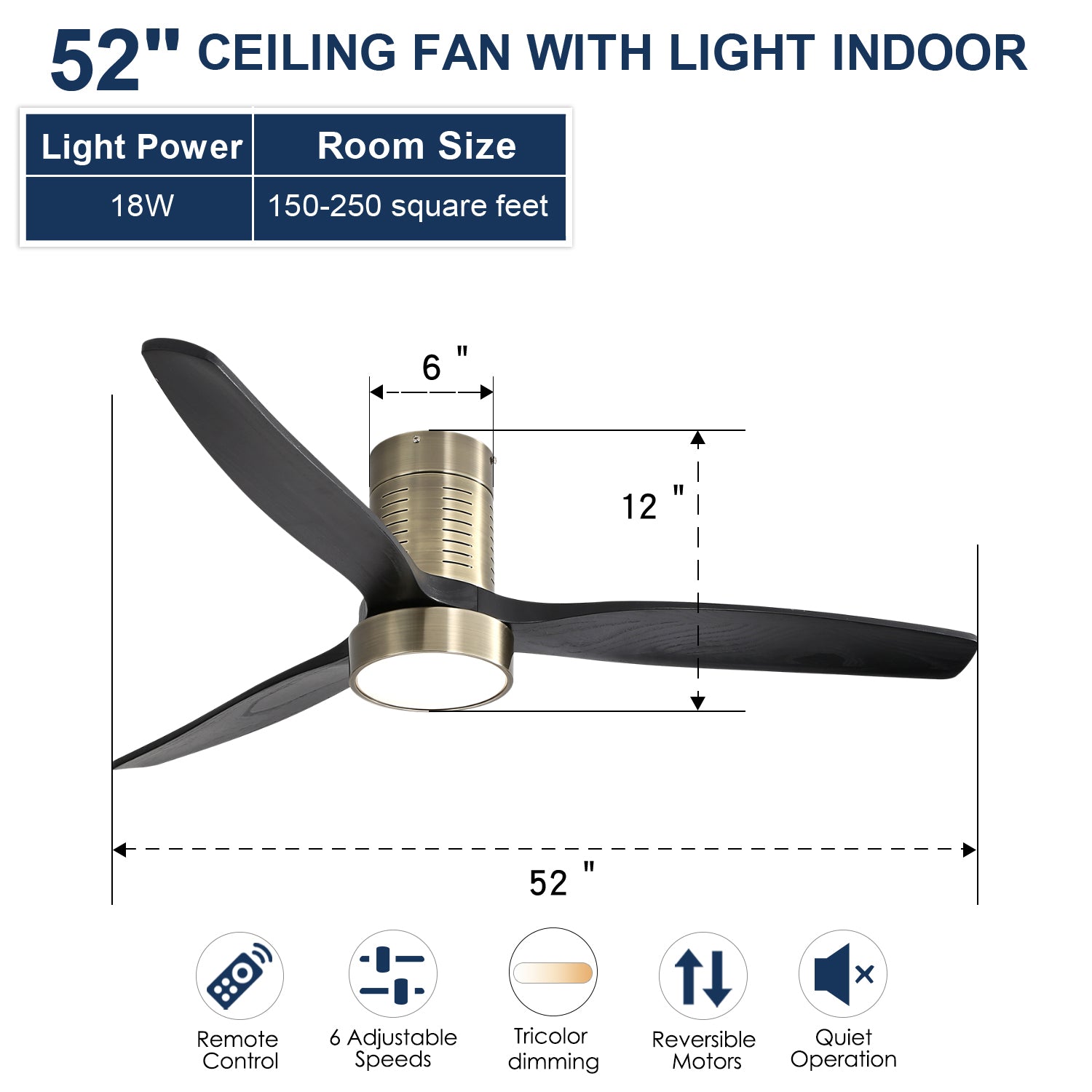 52 Inch Indoor Flush Mount With 3 Solid Wood