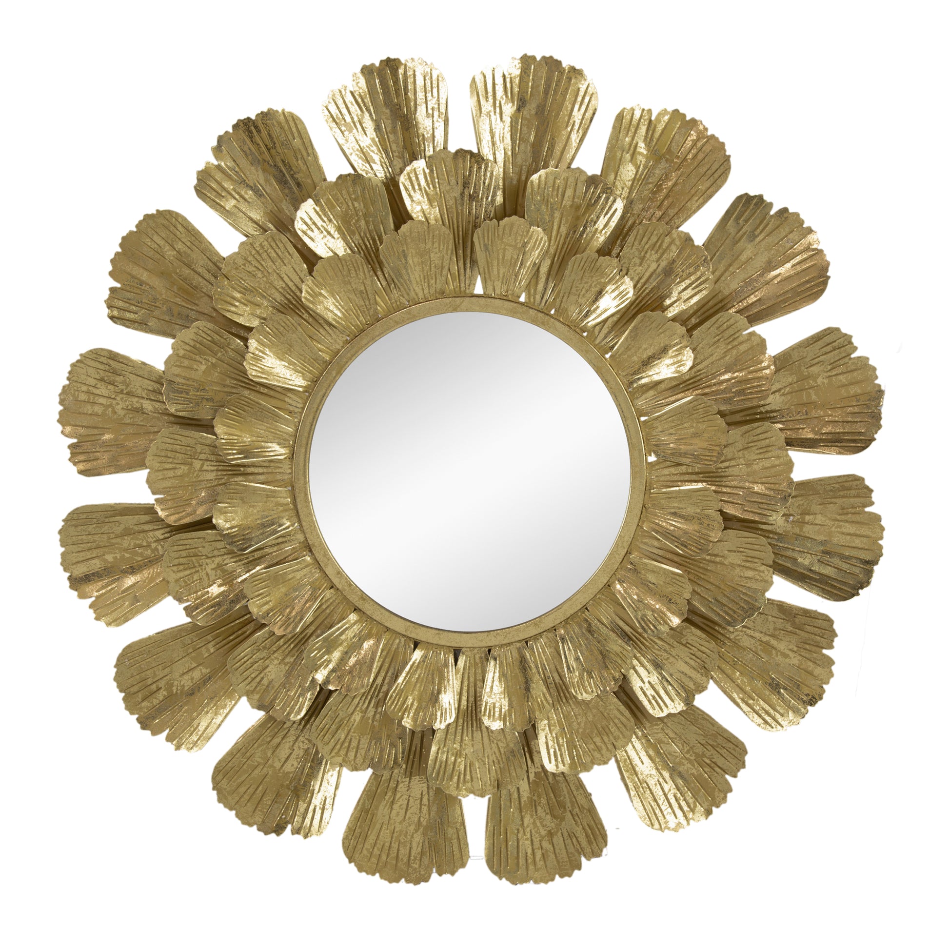 Round Gold Metal Mirror with Trumpet Vine Motif,