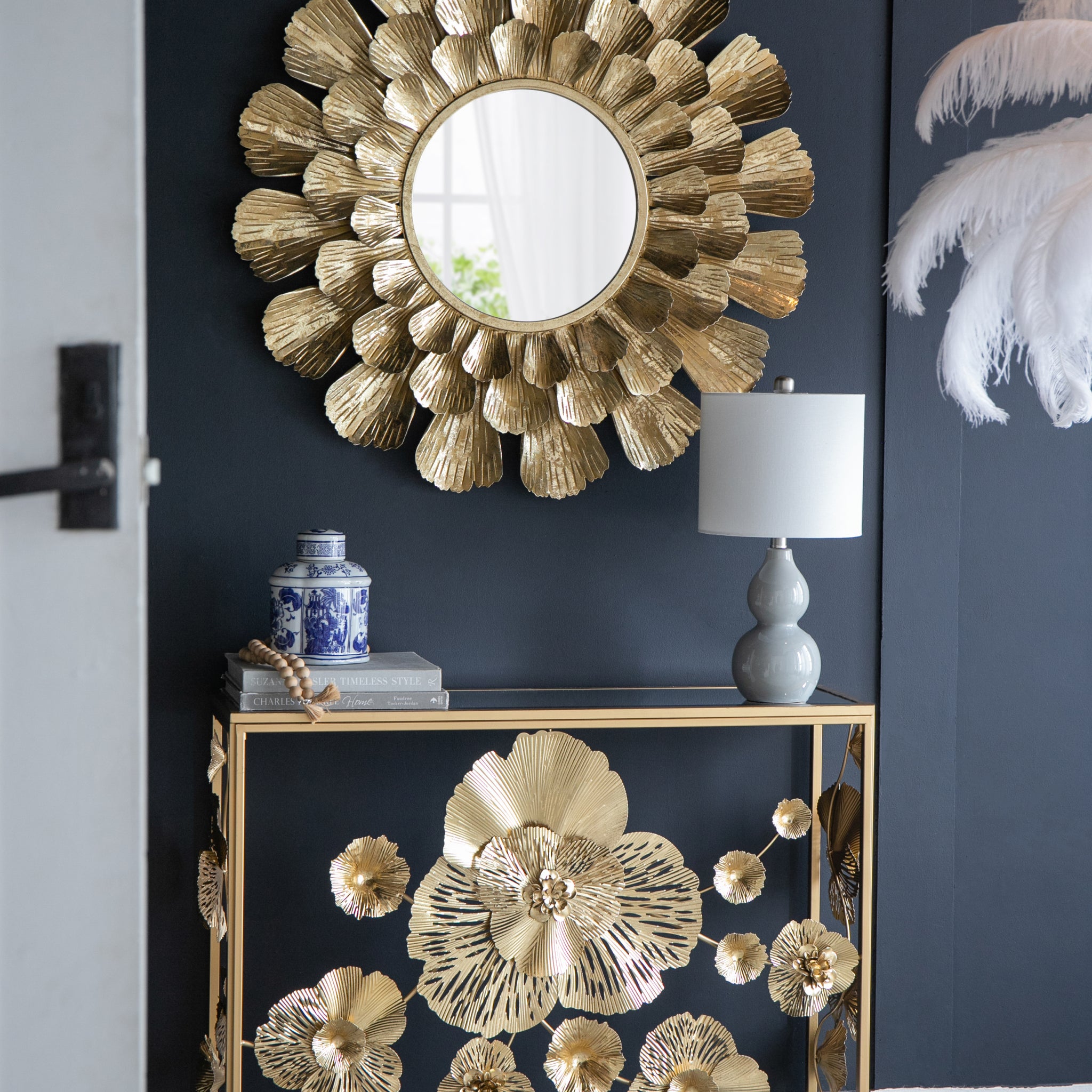 Round Gold Metal Mirror with Trumpet Vine Motif,