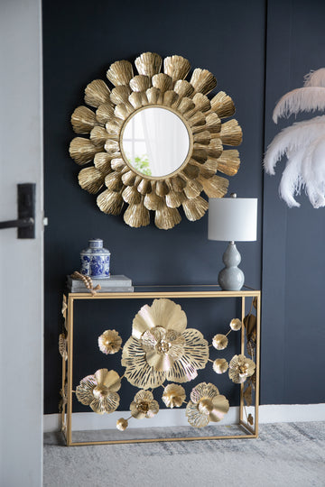 Round Gold Metal Mirror with Trumpet Vine Motif,