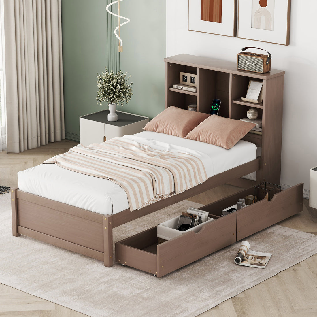 Modern Twin Size Bed Frame With Built In Usb Port