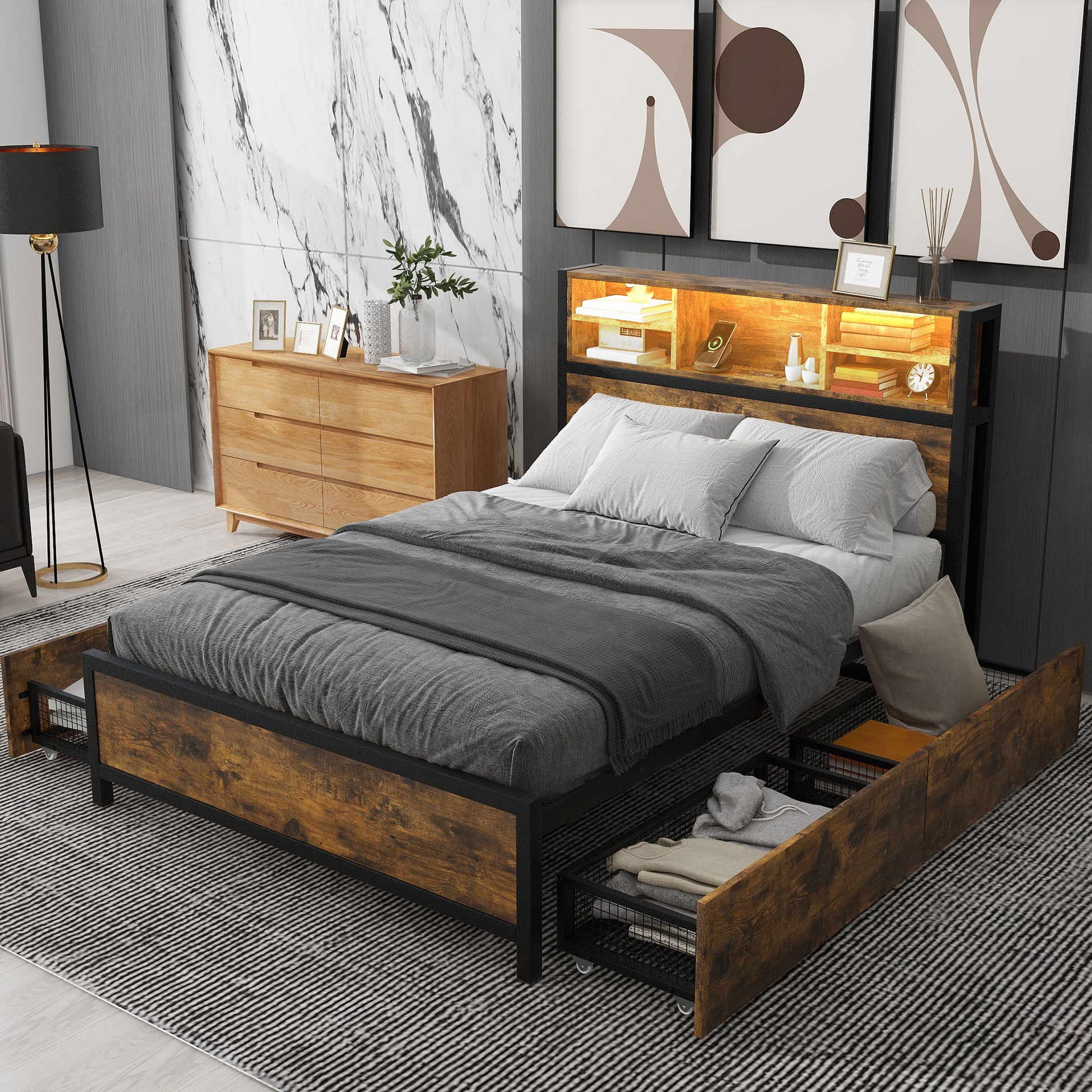 Metal Platform Bed With 4 Drawers, Sockets And