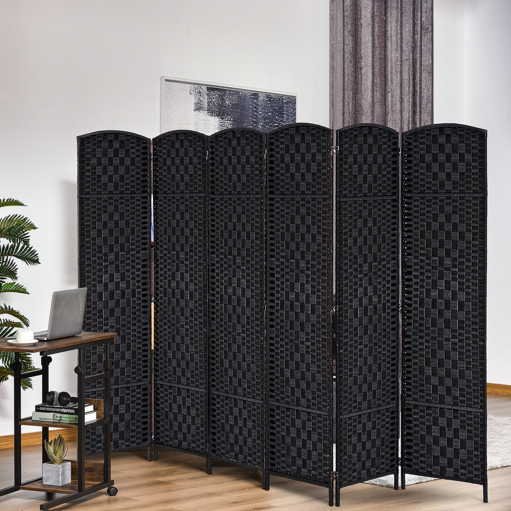 HOMCOM 6' Tall Wicker Weave 6 Panel Room Divider black-wood