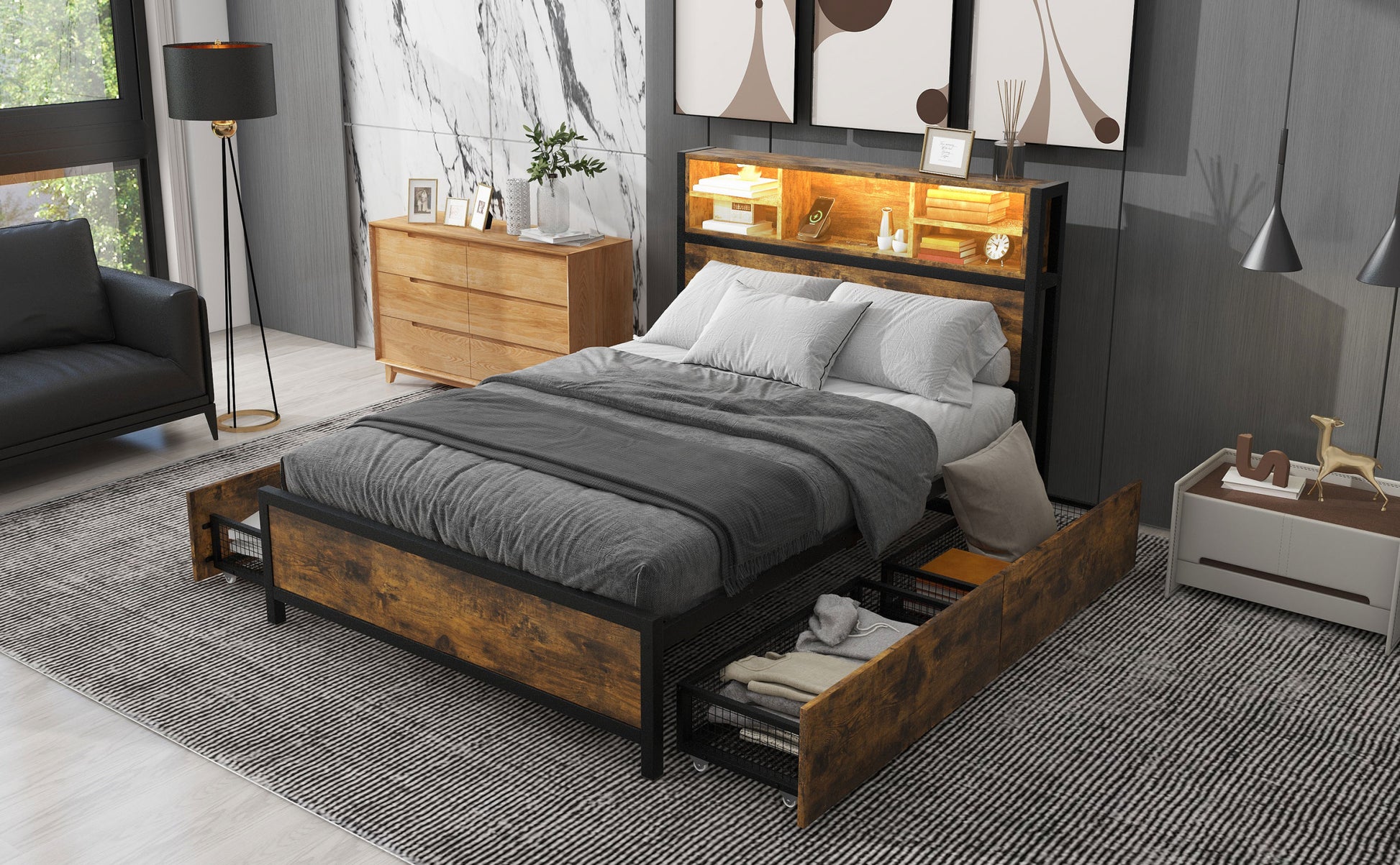 Metal Platform Bed With 4 Drawers, Sockets And