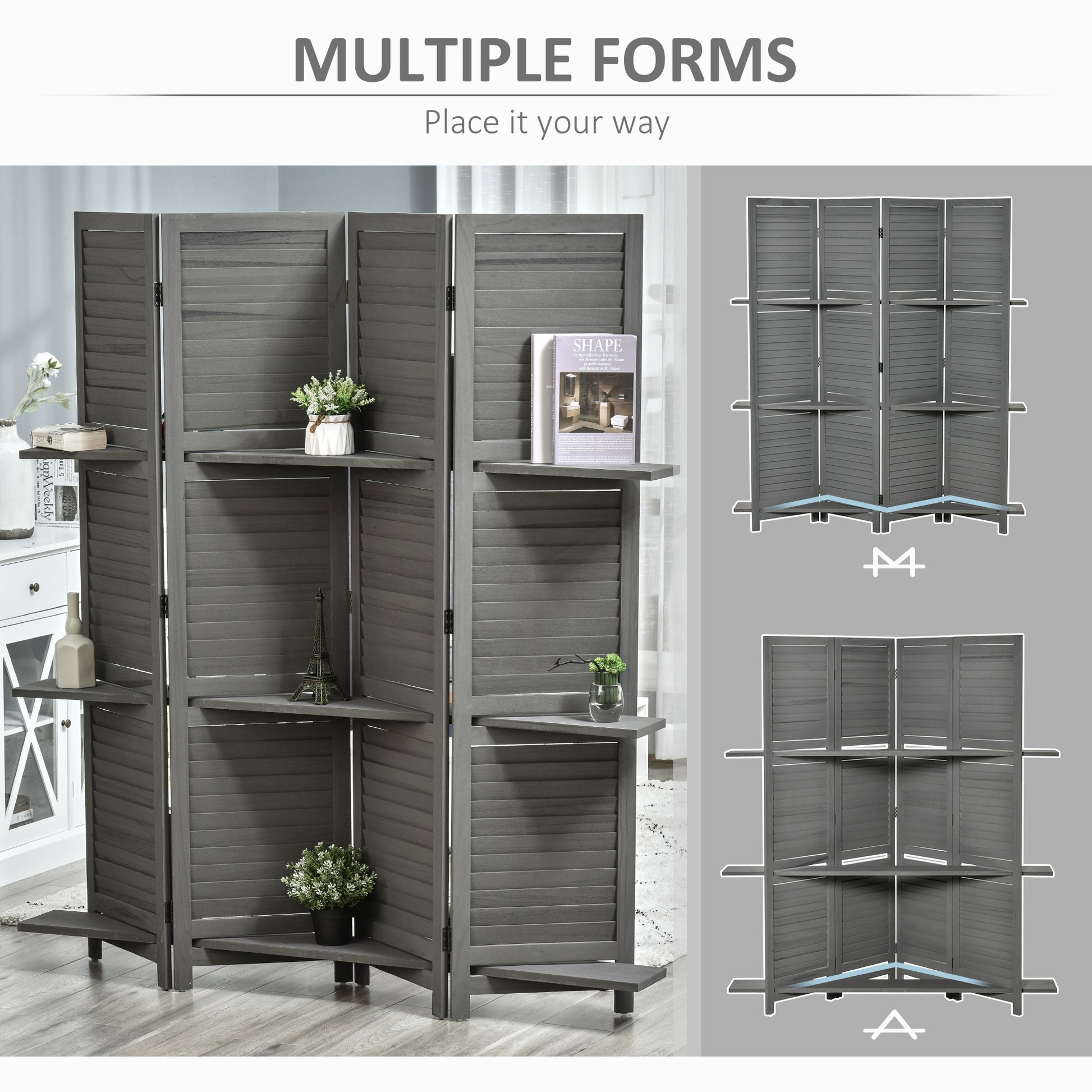 HOMCOM 4 Panel Folding Room Divider, 5.6 Ft gray-wood