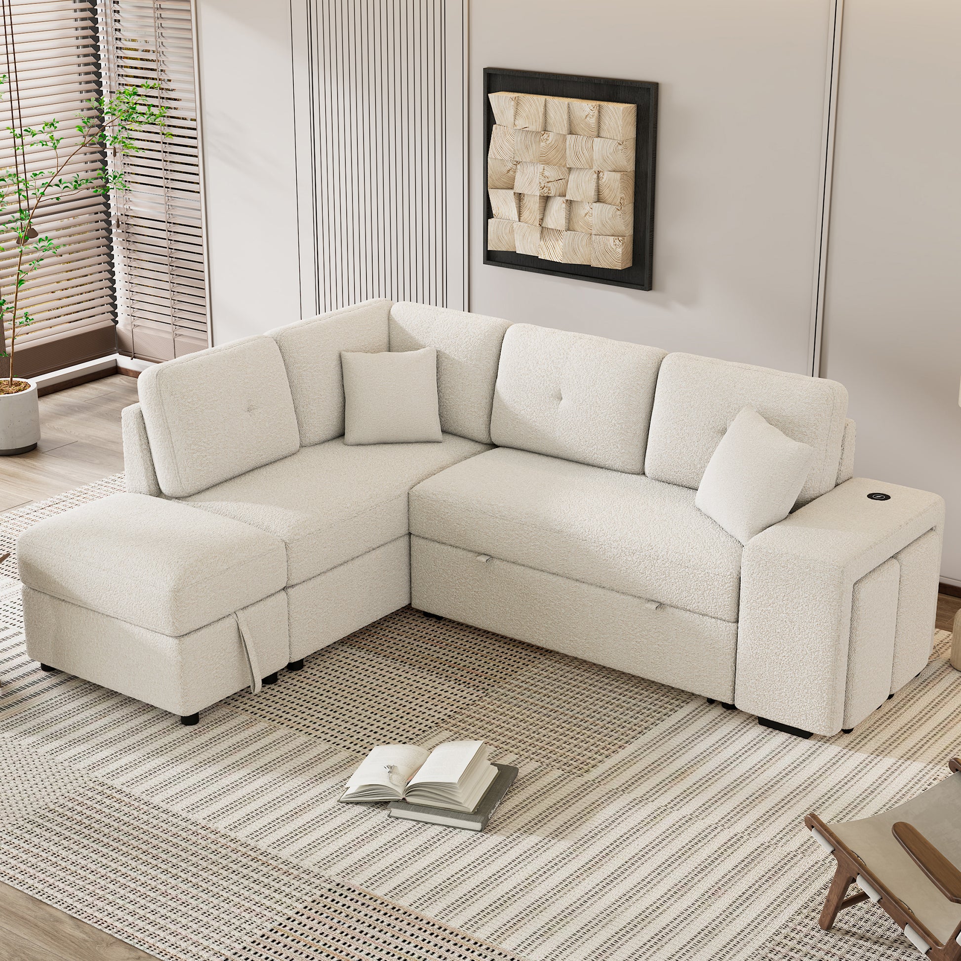 87.7" Convertible Sleeper, Sectional Pull Out Sofa Bed cream-chenille