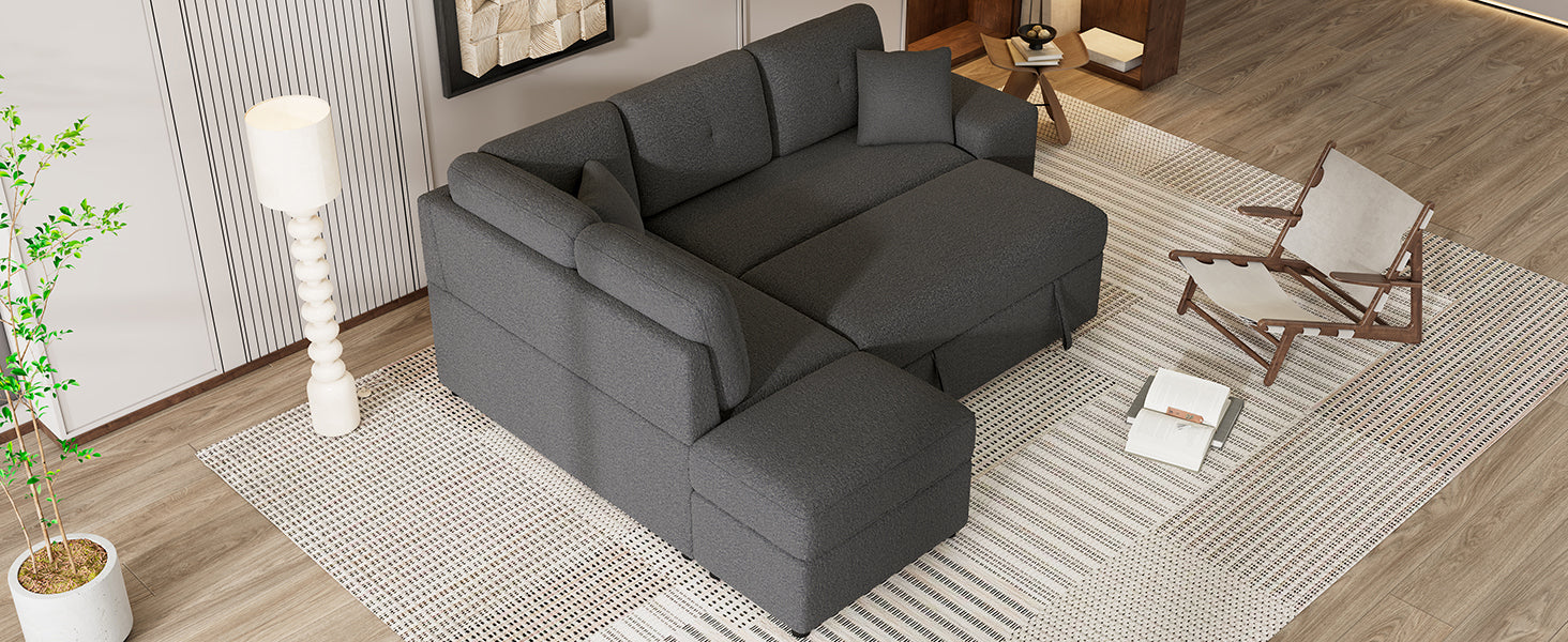 87.7" Convertible Sleeper, Sectional Pull Out Sofa Bed dark gray-chenille