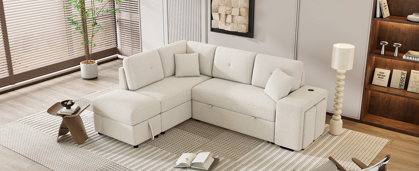 87.7" Convertible Sleeper, Sectional Pull Out Sofa Bed cream-chenille