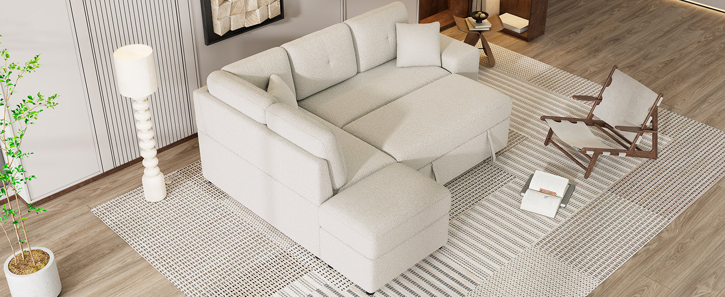 87.7" Convertible Sleeper, Sectional Pull Out Sofa Bed cream-chenille