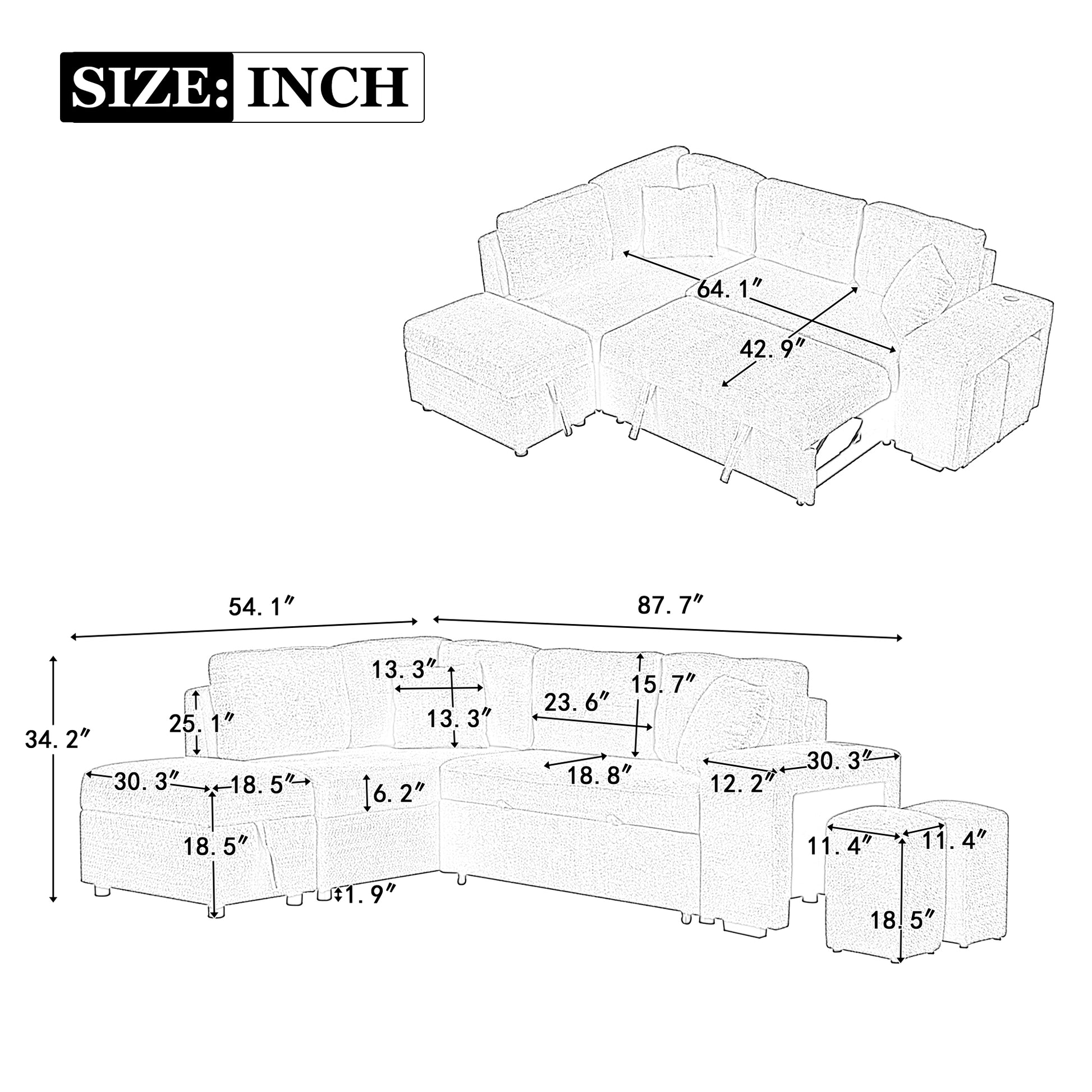 87.7" Convertible Sleeper, Sectional Pull Out Sofa Bed dark gray-chenille