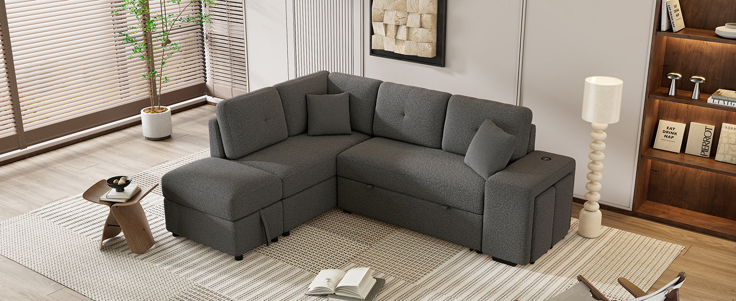 87.7" Convertible Sleeper, Sectional Pull Out Sofa Bed dark gray-chenille