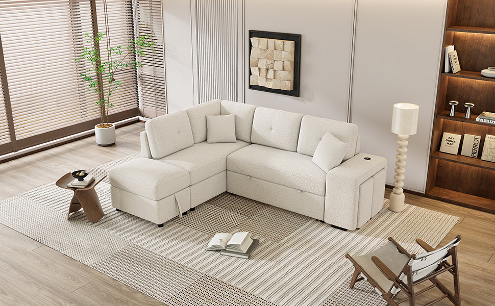 87.7" Convertible Sleeper, Sectional Pull Out Sofa Bed cream-chenille