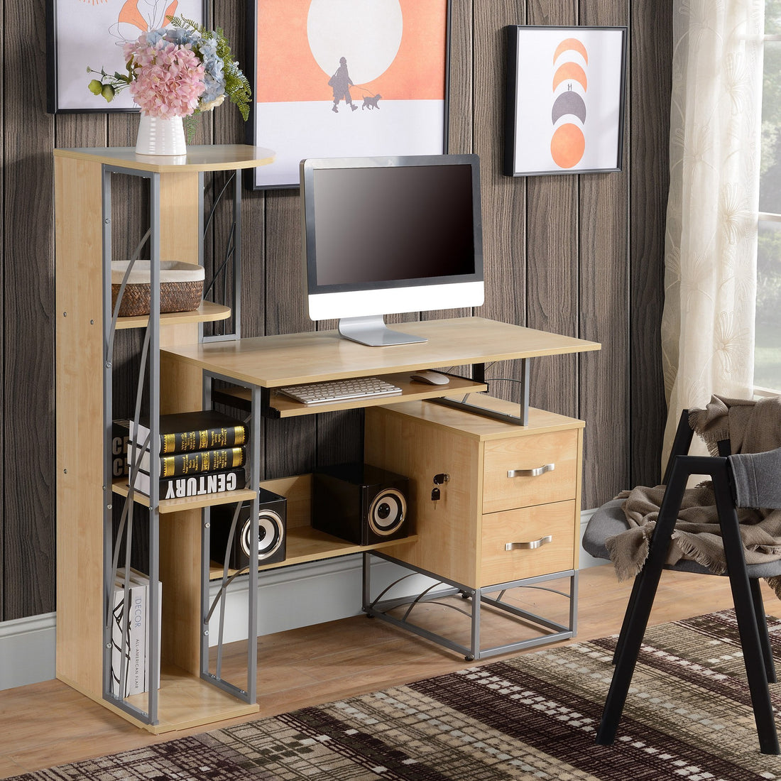 Homcom Modern Computer Desk with 4 Tier Bookshelf