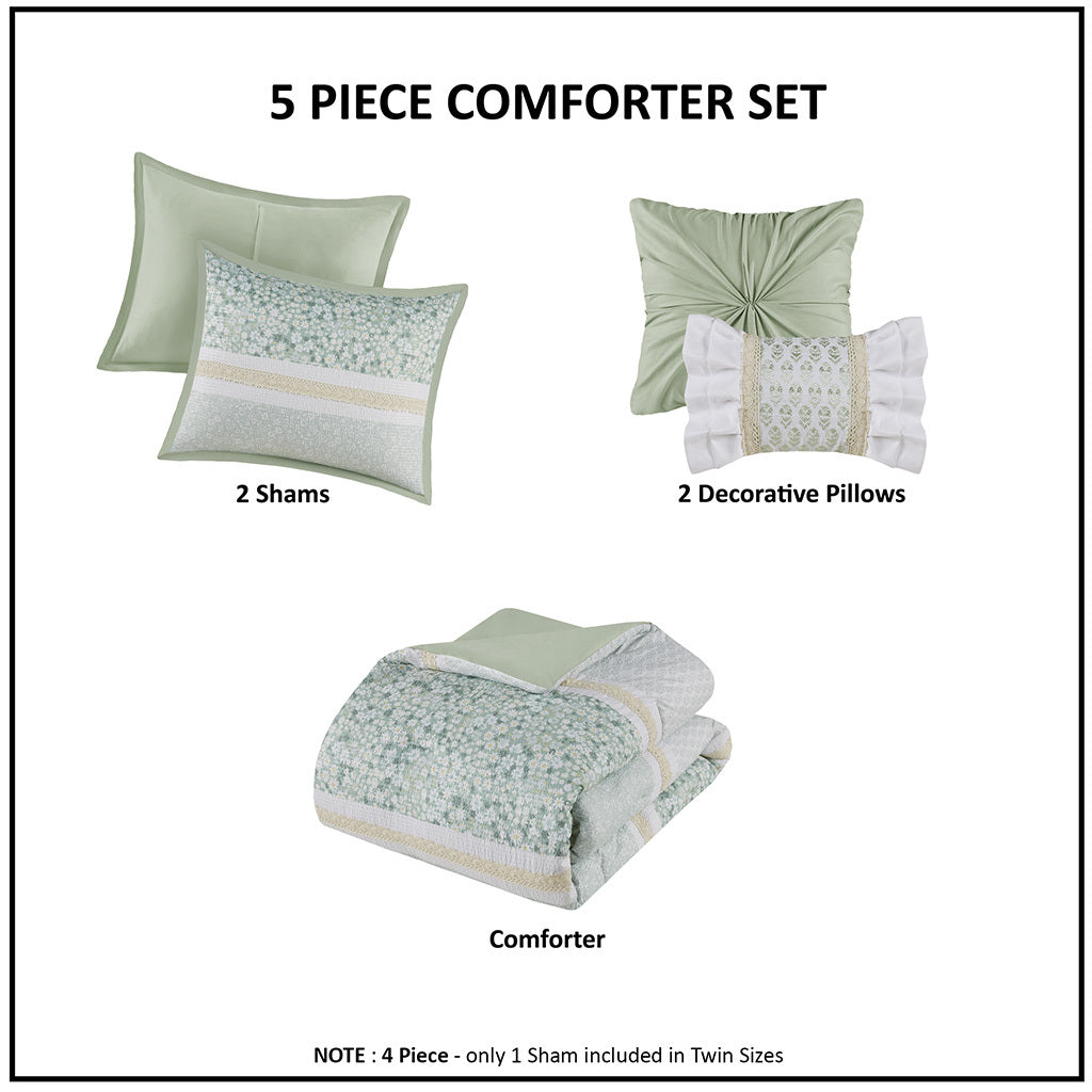 5 Piece Seersucker Comforter Set with Throw Pillows green-polyester