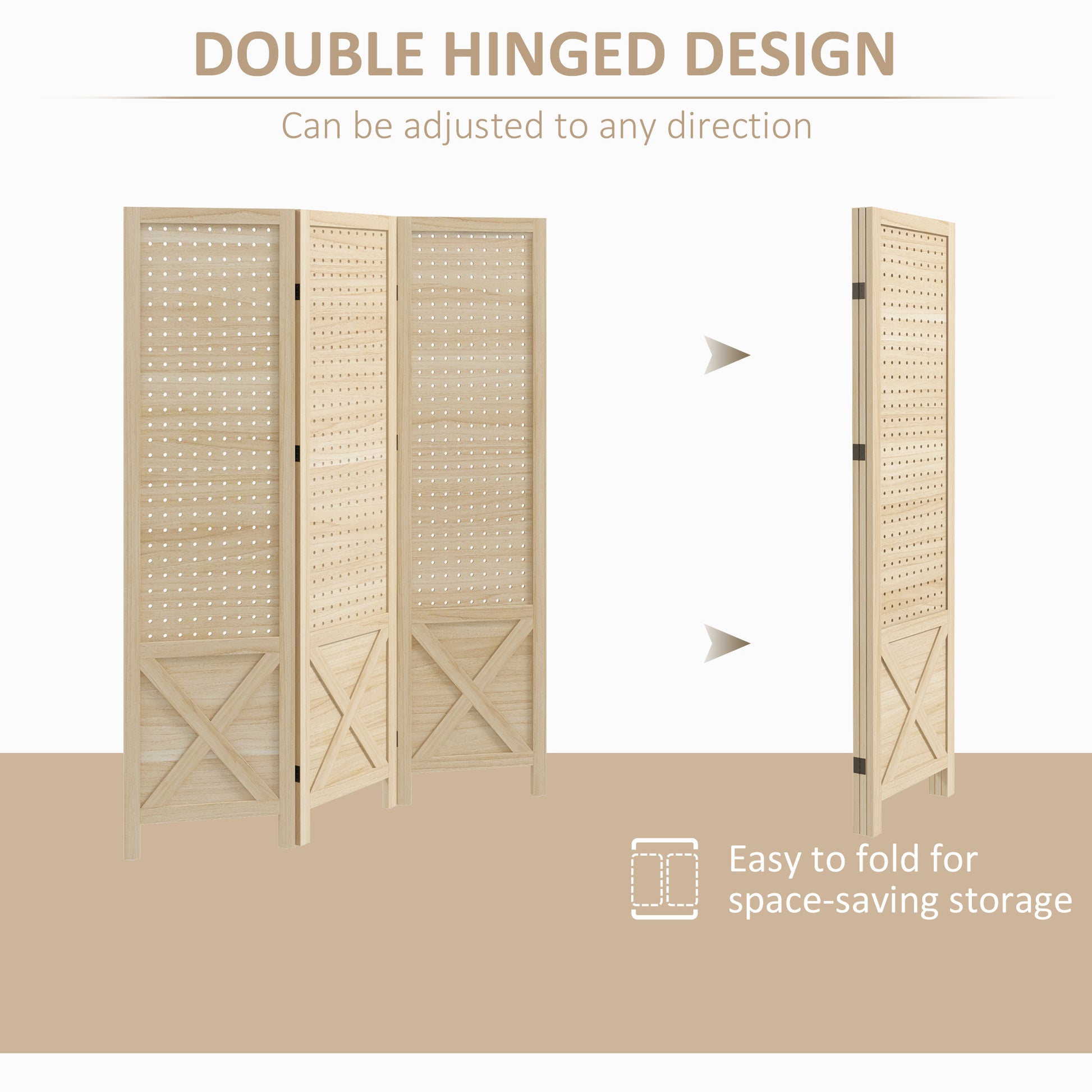 HOMCOM 3 Panel Pegboard Display Room Divider, 4.7' natural-wood