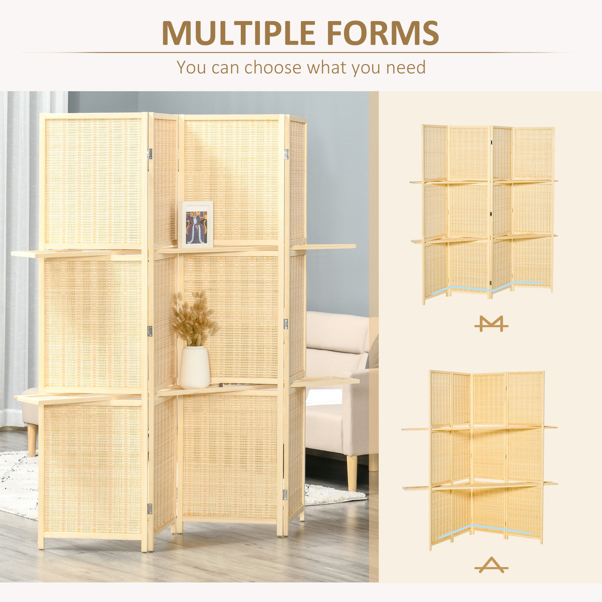 HOMCOM 4 Panel Folding Room Divider, 6 Ft Freestanding natural-bamboo