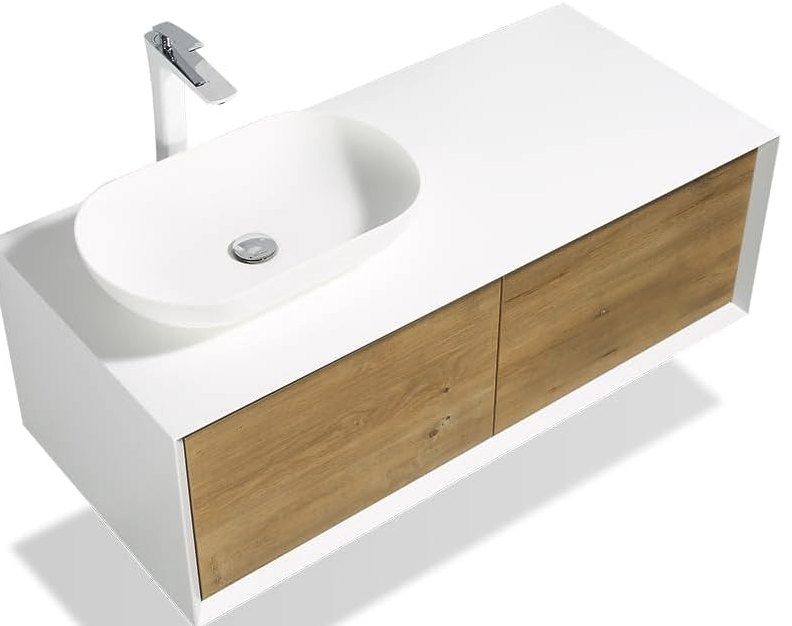 48'' Wall Mounted Single Bathroom Vanity in OAK With gloss white-engineered stone