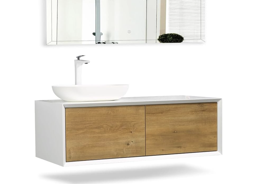 48'' Wall Mounted Single Bathroom Vanity in OAK With gloss white-engineered stone