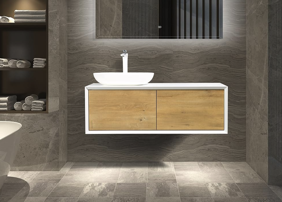 48'' Wall Mounted Single Bathroom Vanity in OAK With gloss white-engineered stone