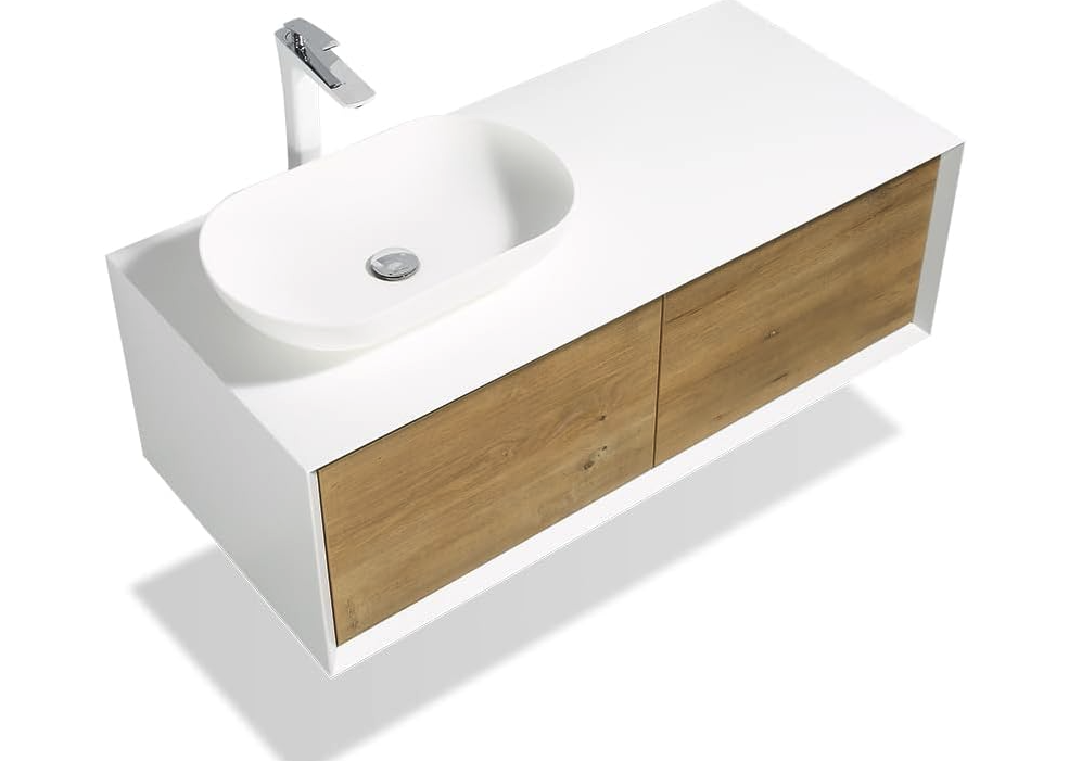 48'' Wall Mounted Single Bathroom Vanity in OAK With gloss white-engineered stone