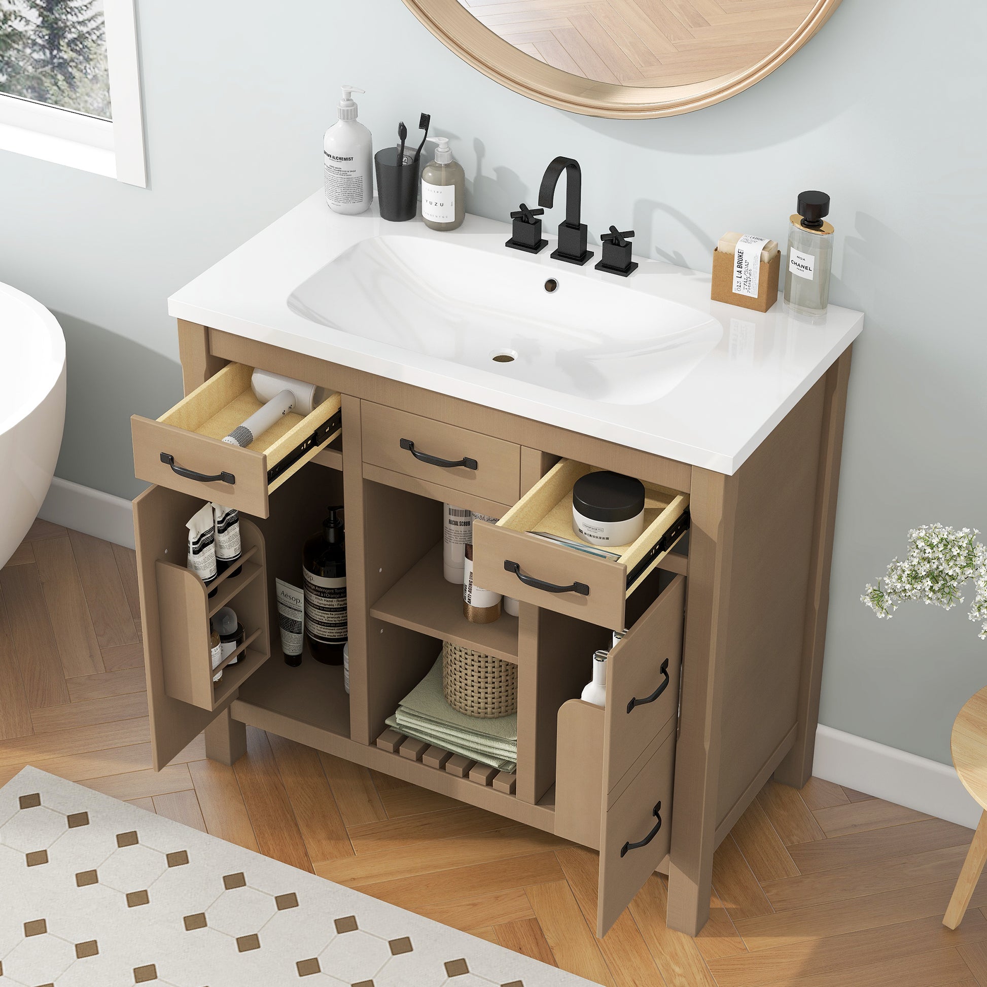 36''Bathroom Vanity with Undermount Sink,Modern 2-wood-2-2-adjustable