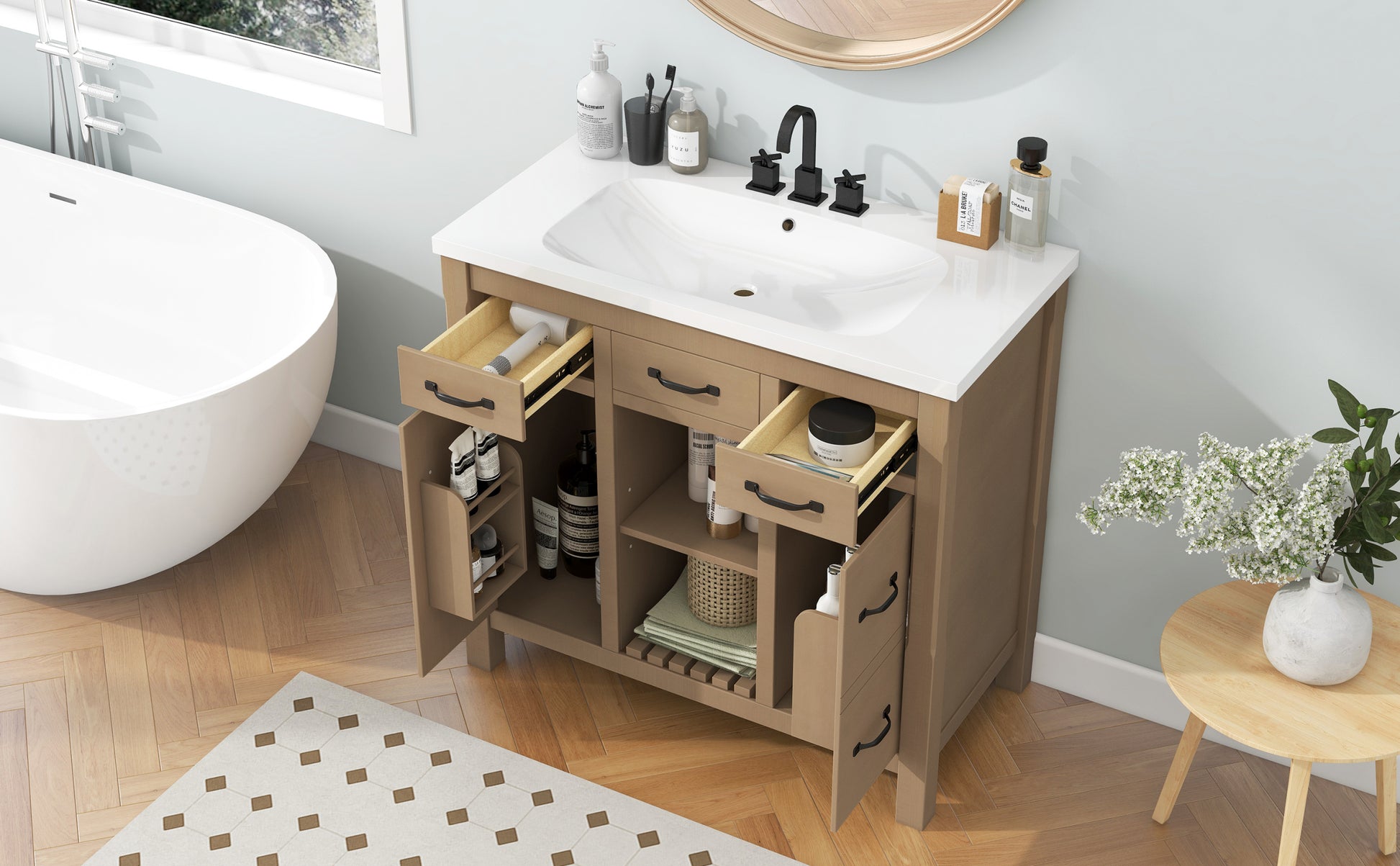 36''Bathroom Vanity with Undermount Sink,Modern 2-wood-2-2-adjustable