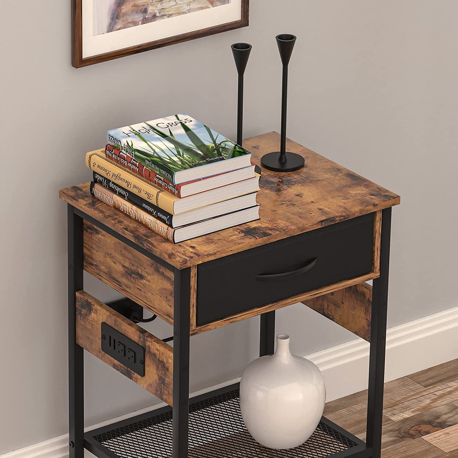 Set Of 2 Nightstand With Drawer, Open Shelf And -