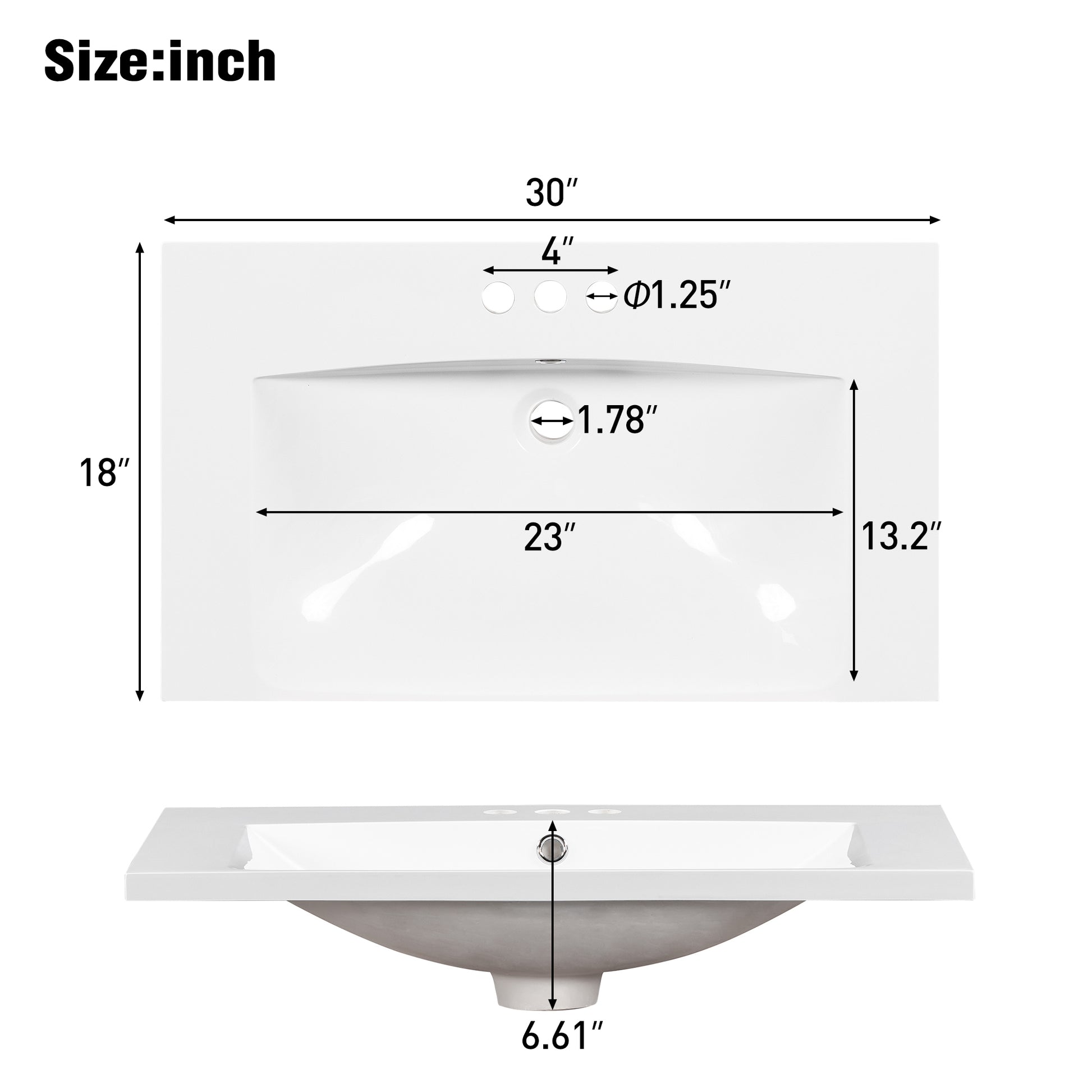 30" Single Bathroom Basin Sink, Vanity Top Only, 3 white-resin