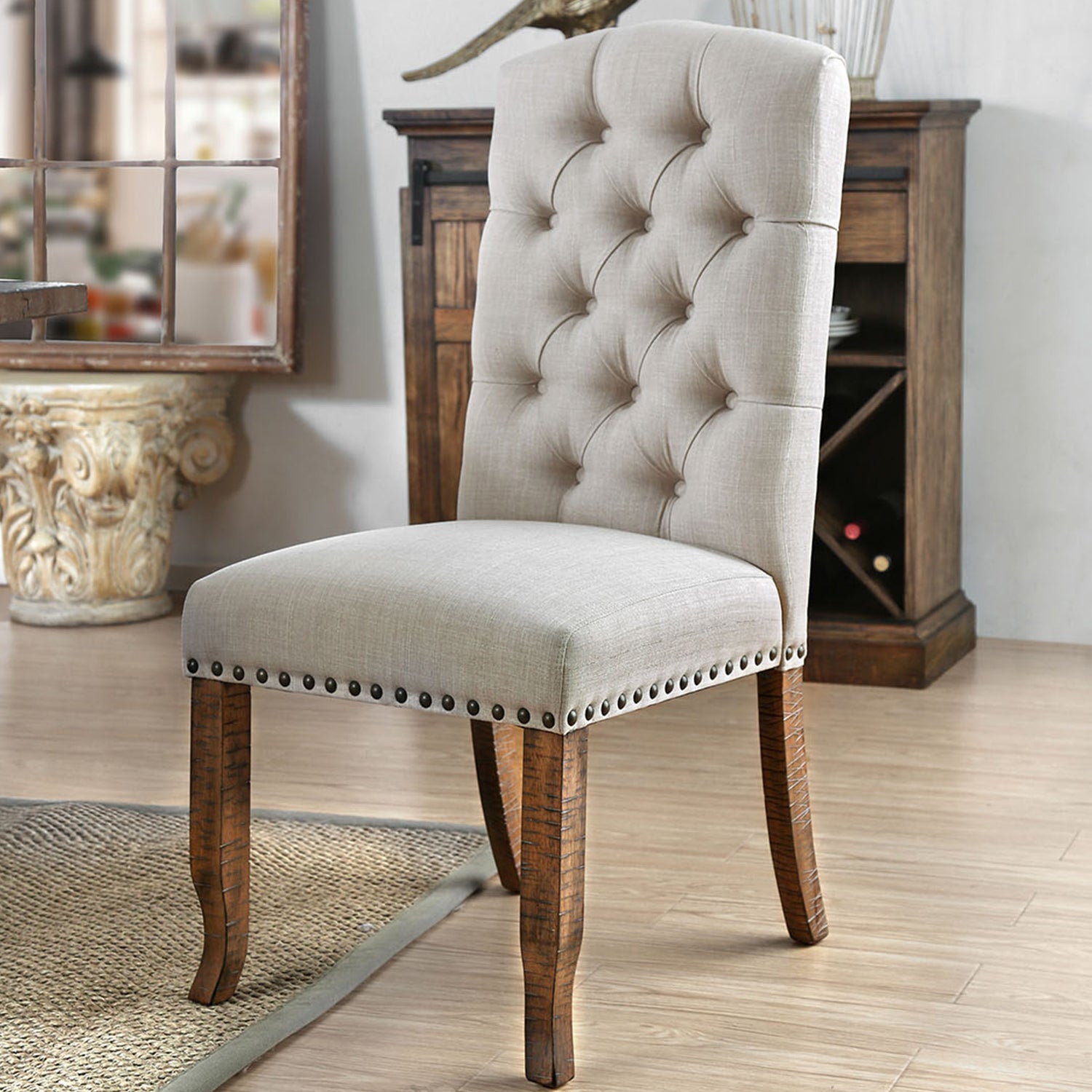 Set of 2 Ivory Fabric Upholstered Dining Chairs