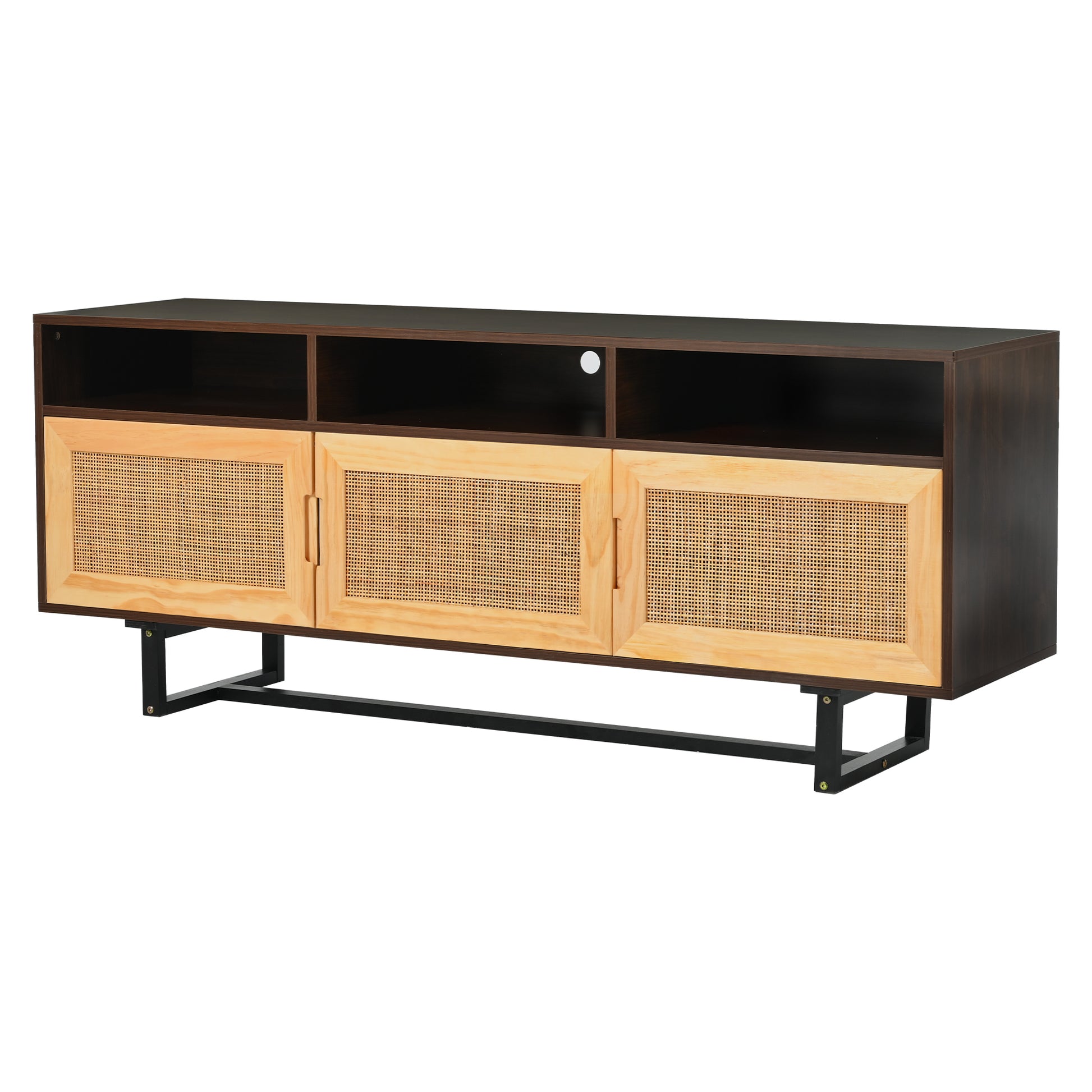 Retro Rattan TV Stand 3 door Media Console with walnut-mdf