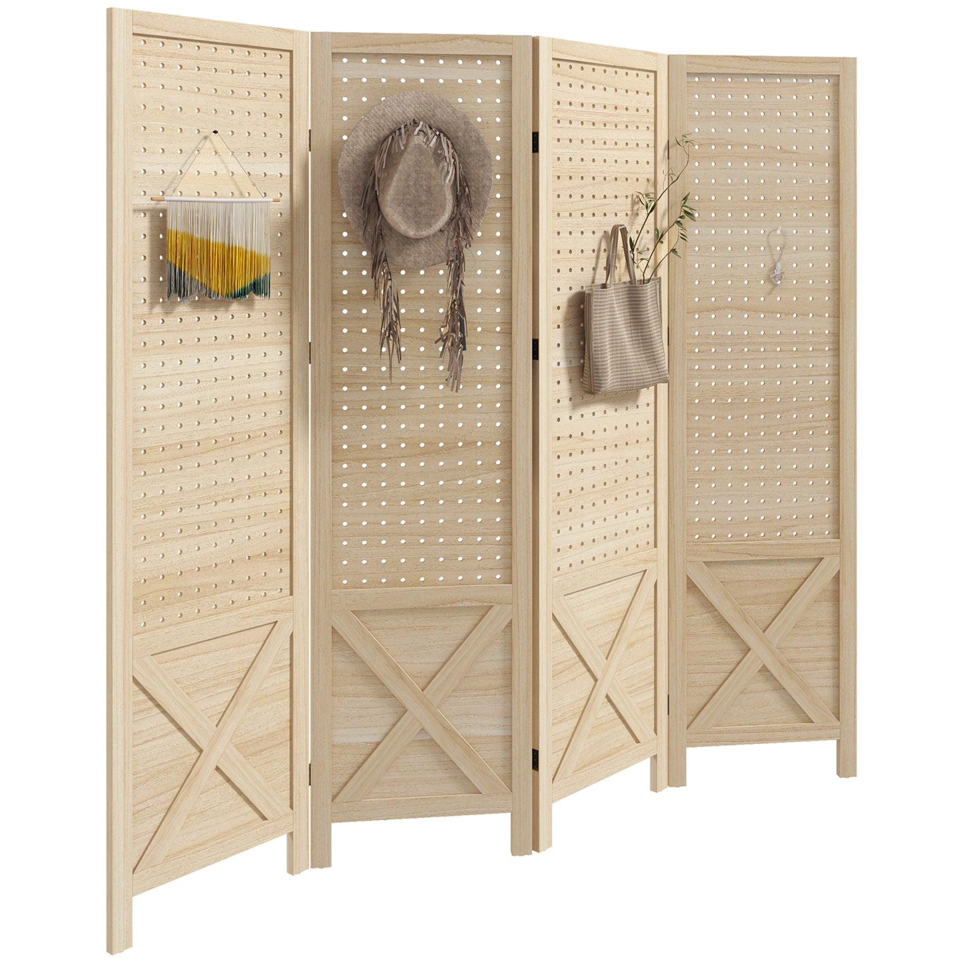 HOMCOM 4 Panel Pegboard Display Room Divider, 4.7' natural-wood