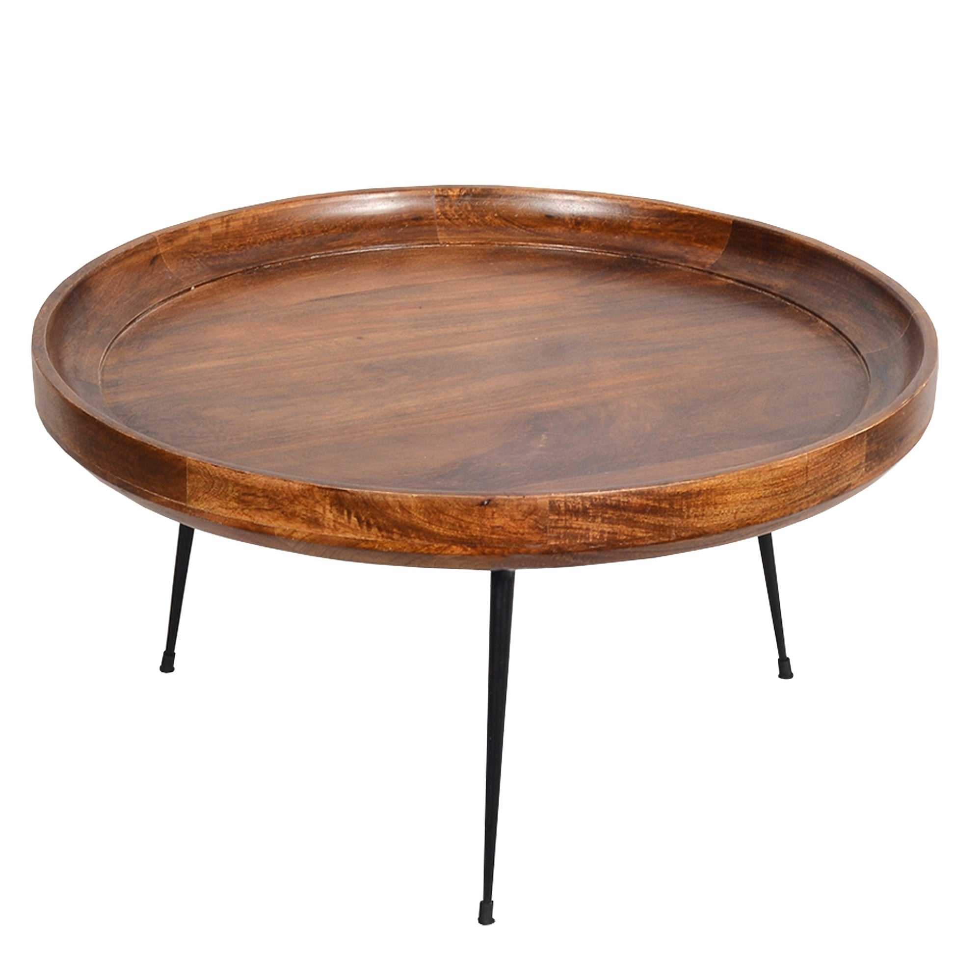 Round Mango Wood Coffee Table With Splayed Metal Legs black+brown-metal & wood