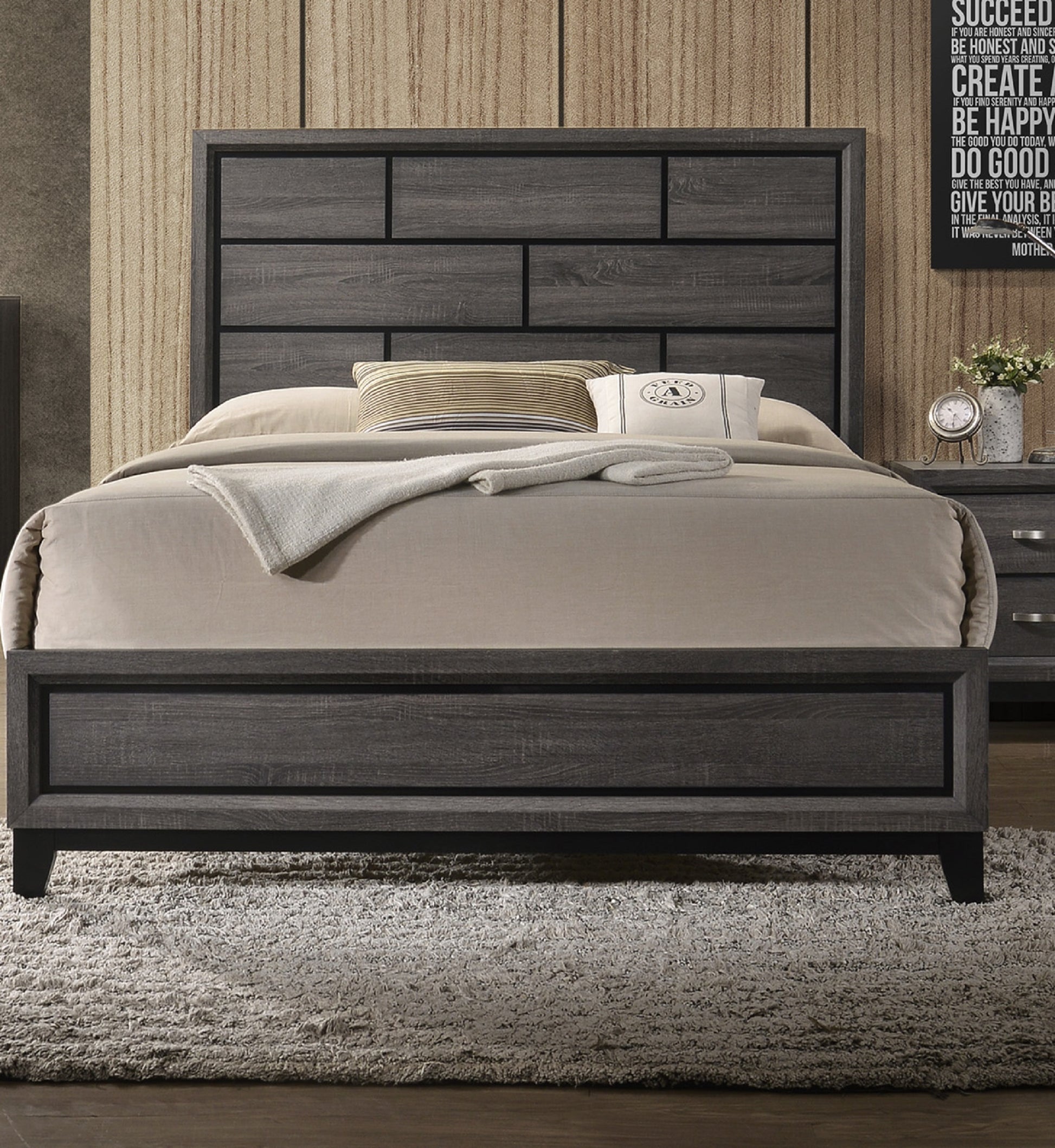 Cotemporary Gray Finish Queen Size Panel Low profile brown gray-wood