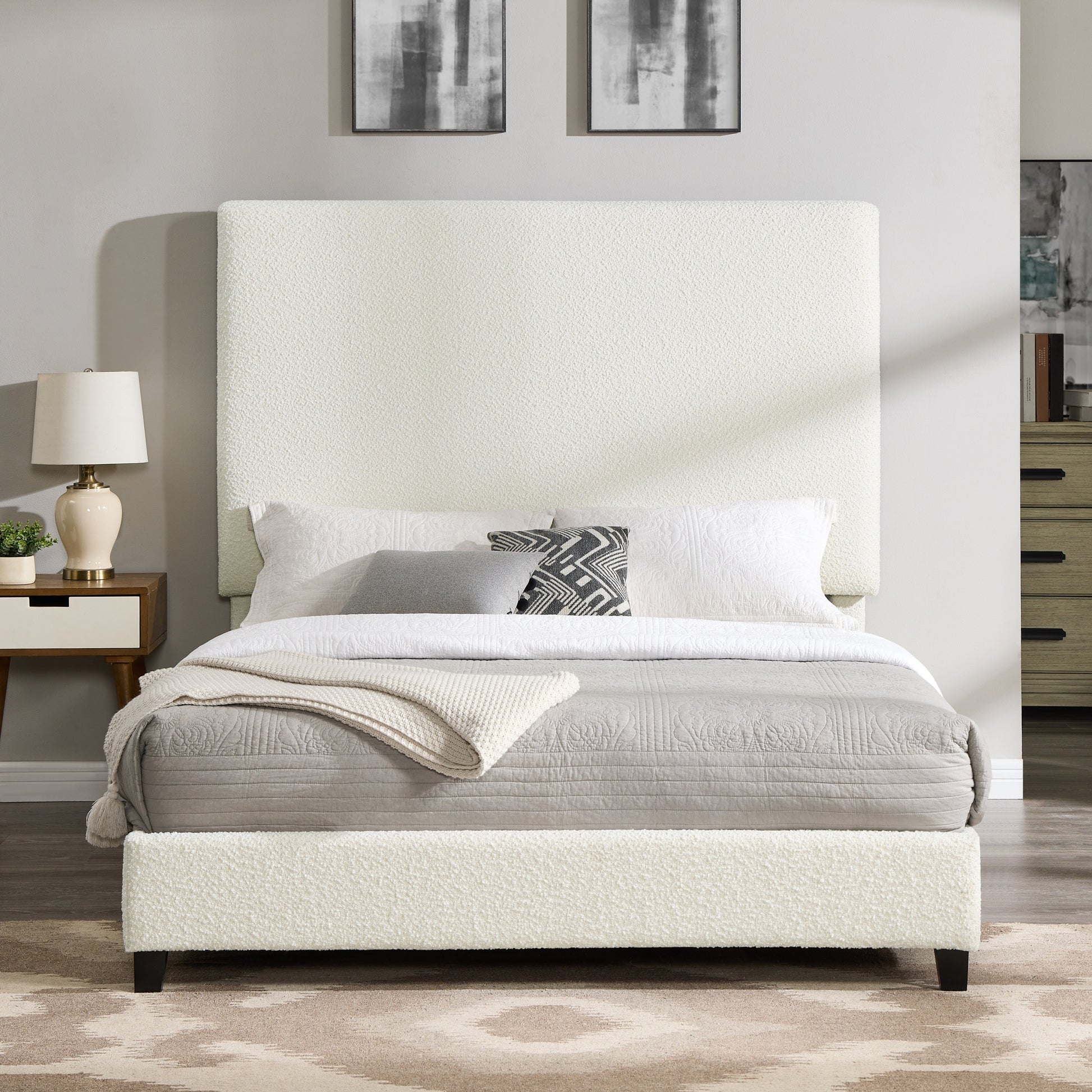 Queen Size White Boucle Upholstered Platform Bed