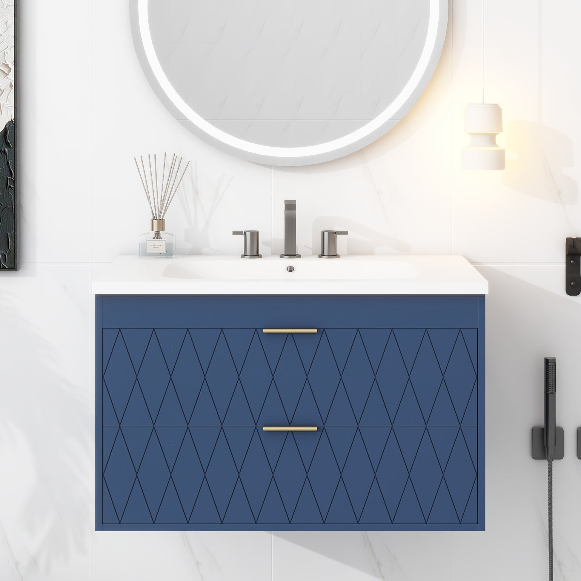 30'' Wall Mounted Bathroom Vanity with Resin 2-navy blue-stain resistant-bathroom-wall