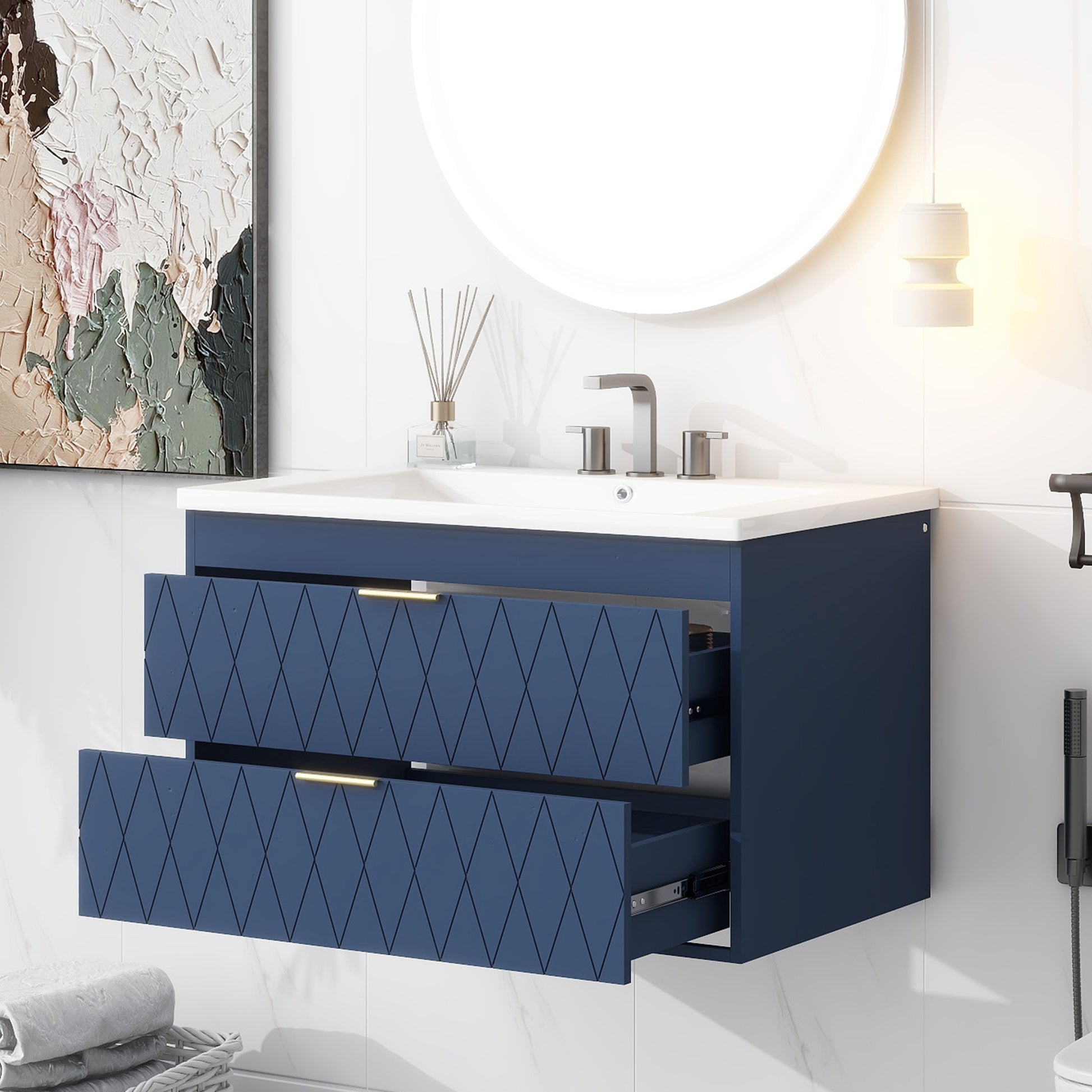 30'' Wall Mounted Bathroom Vanity with Resin 2-navy blue-stain resistant-bathroom-wall