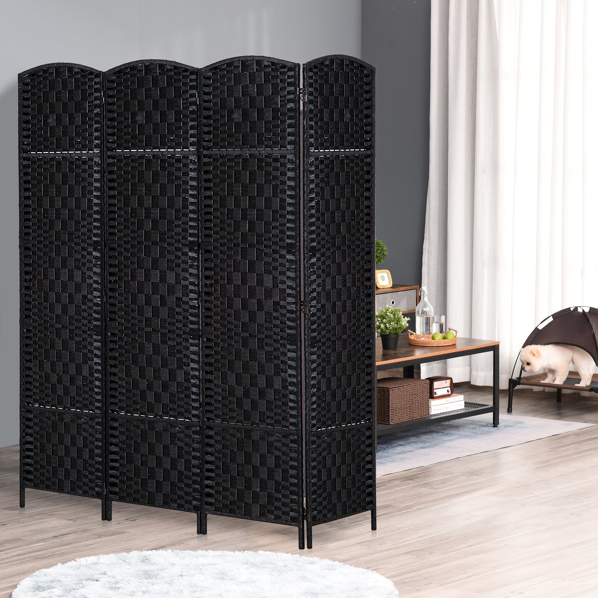 HOMCOM 6' Tall Wicker Weave 4 Panel Room Divider black-wood