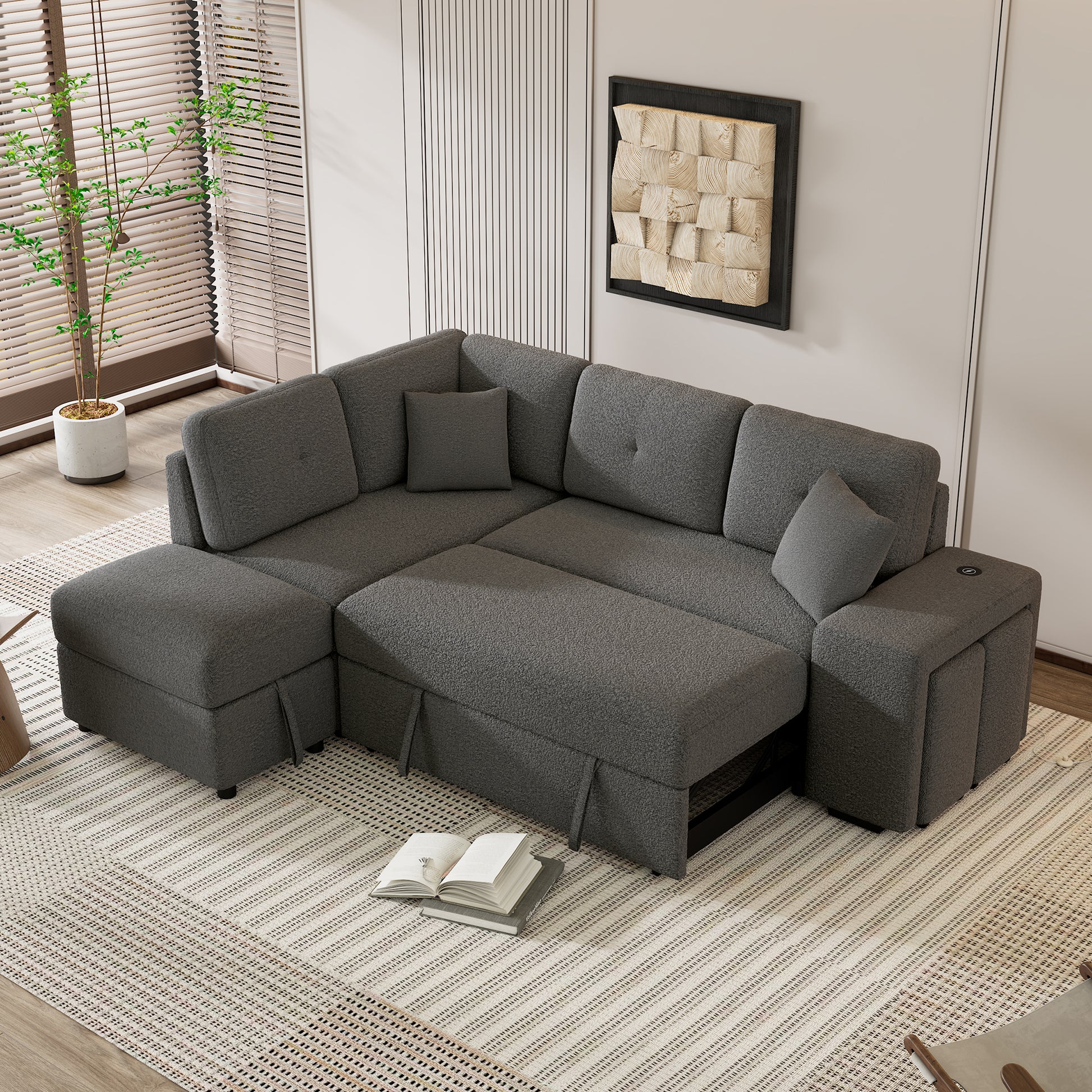 87.7" Convertible Sleeper, Sectional Pull Out Sofa Bed dark gray-chenille