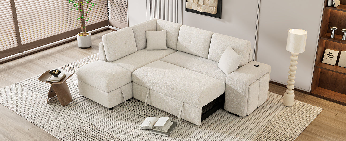 87.7" Convertible Sleeper, Sectional Pull Out Sofa Bed cream-chenille