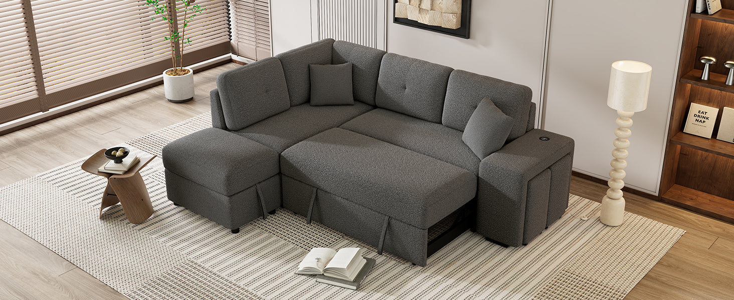 87.7" Convertible Sleeper, Sectional Pull Out Sofa Bed dark gray-chenille