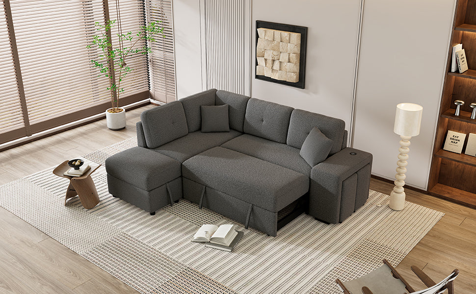 87.7" Convertible Sleeper, Sectional Pull Out Sofa Bed dark gray-chenille