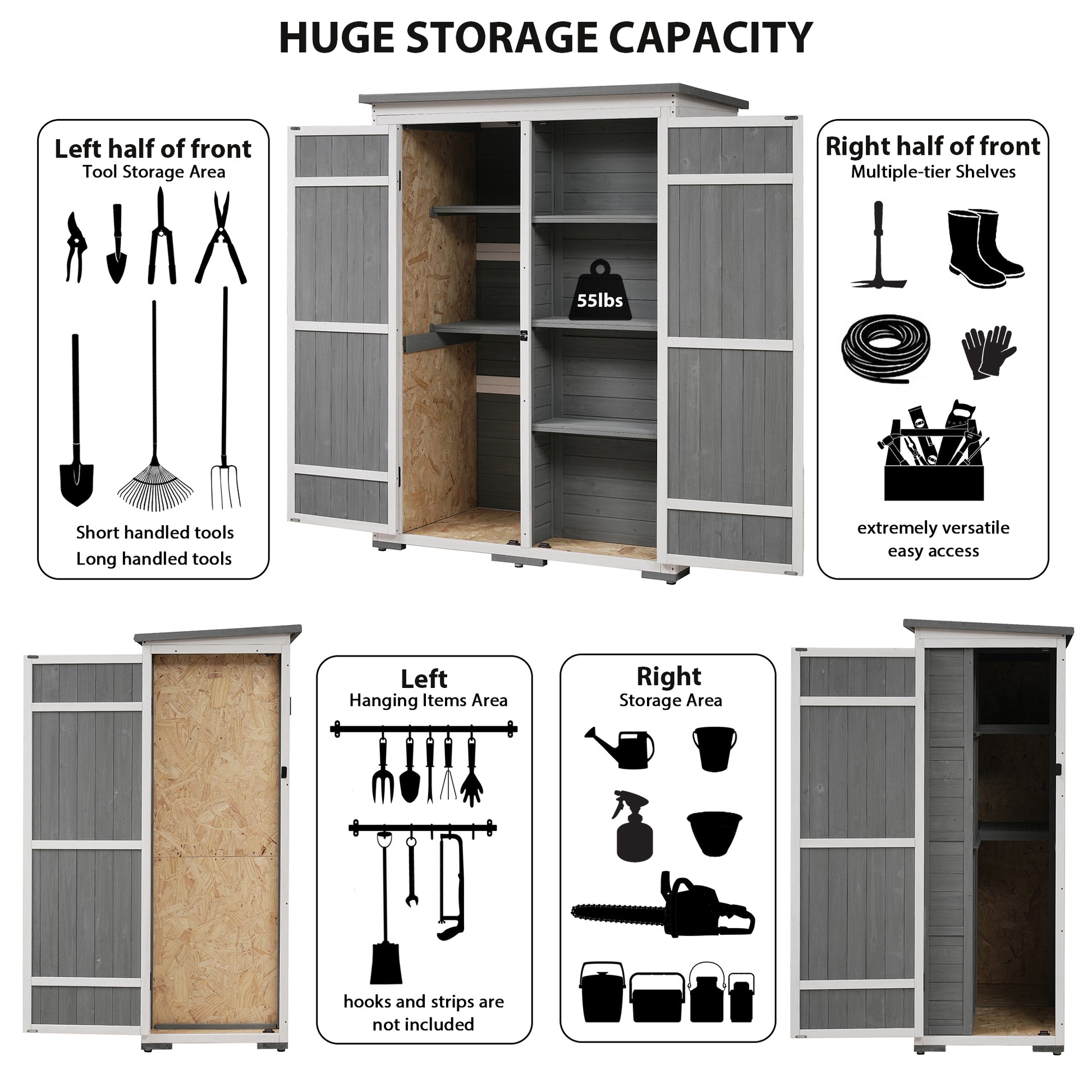 Outdoor 5.5ft Hx4.1ft L Wood Storage Shed white+gray-water resistant frame-garden &