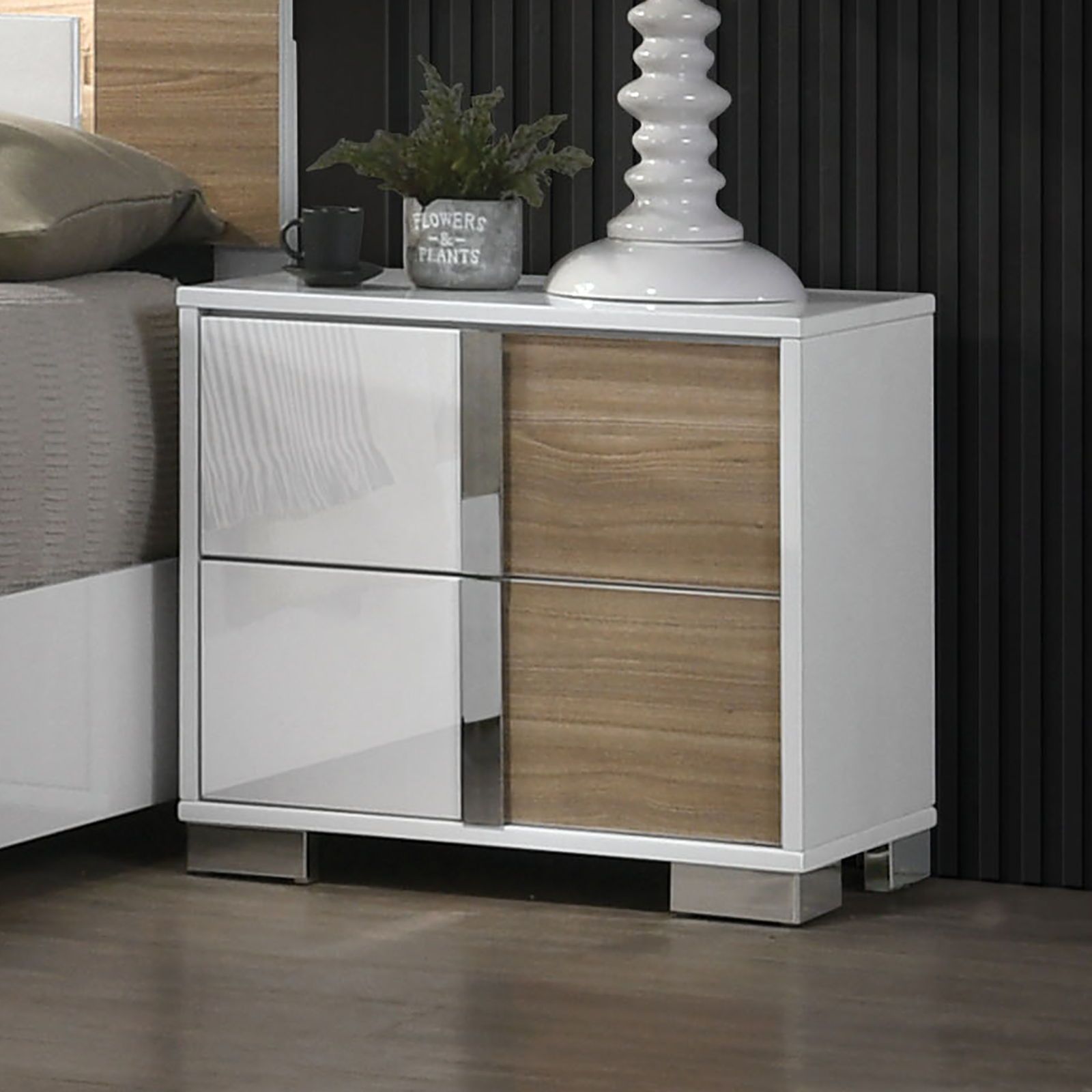 Contemporary White and Natural Color 1pc Nightstand UV white-white-2 drawers-bedroom-bedside